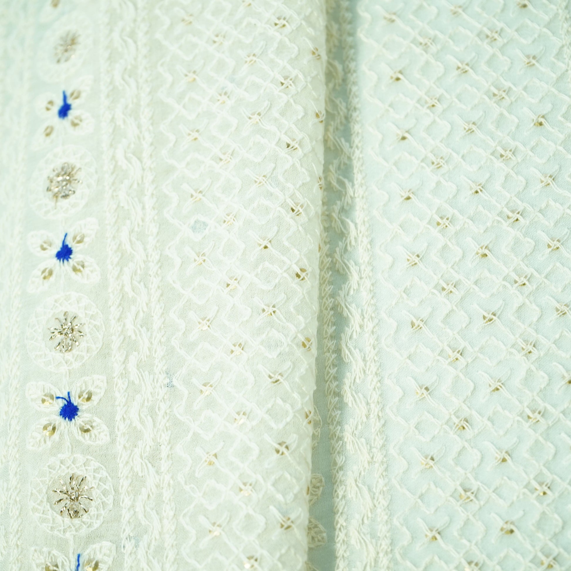 White Blue Thread Sequence Embroidery Dyeable Georgette Fabric