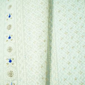 White Blue Thread Sequence Embroidery Dyeable Georgette Fabric