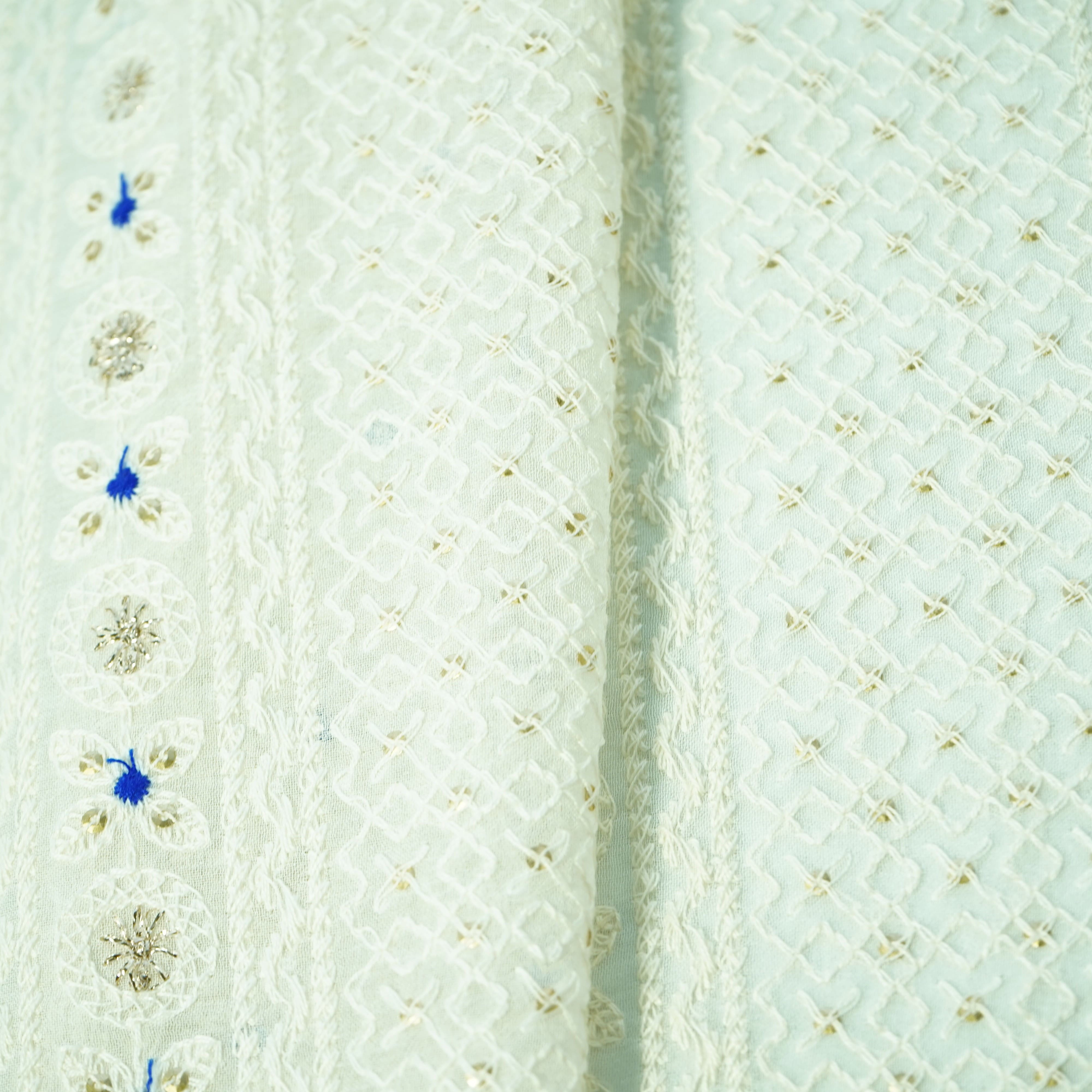 White Blue Thread Sequence Embroidery Dyeable Georgette Fabric