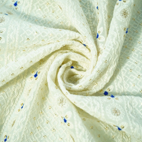 White Blue Thread Sequence Embroidery Dyeable Georgette Fabric