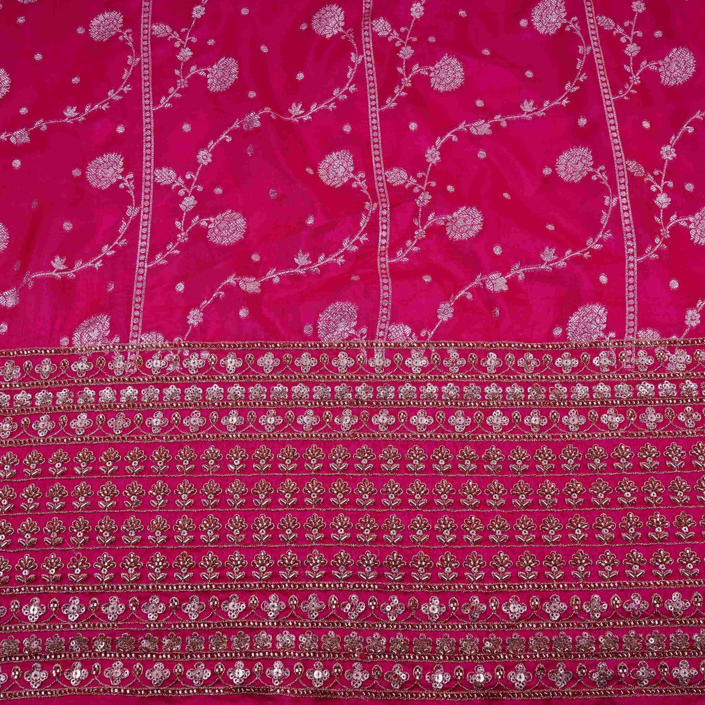 Magenta Pink cutdana embroidery with jacquard Russian Silk Fabric TF-32054