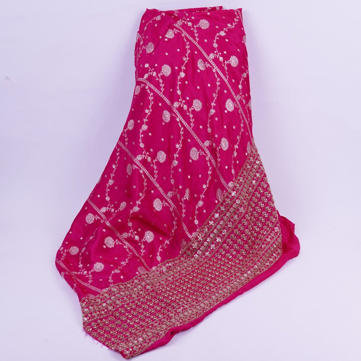 Magenta Pink cutdana embroidery with jacquard Russian Silk Fabric TF-32054