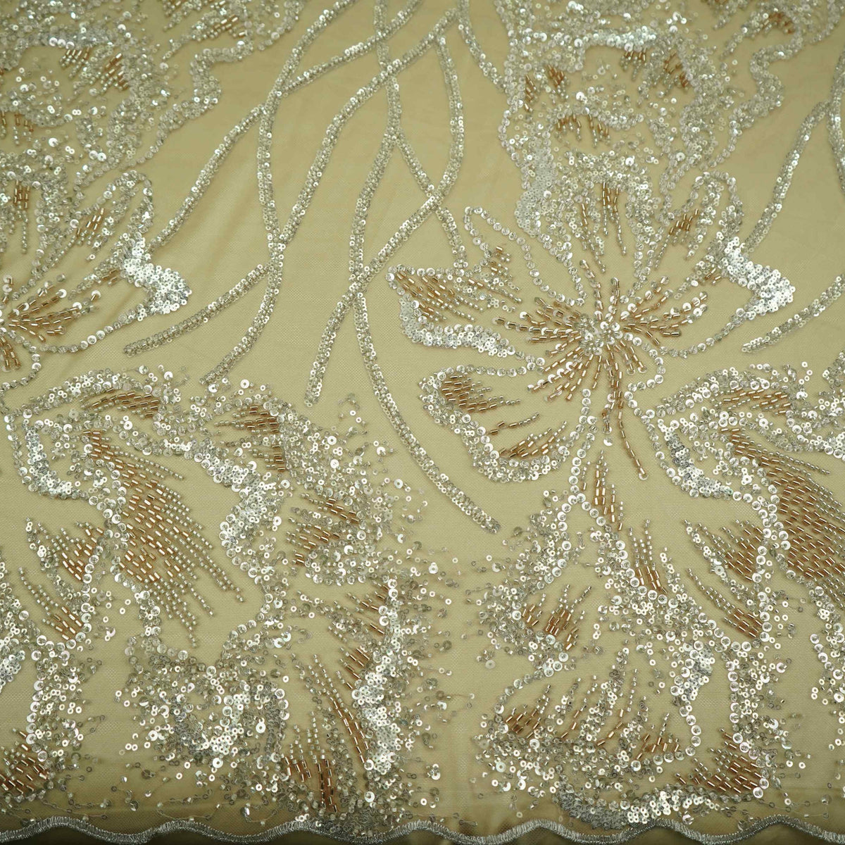 Golden Heavy Cutdana Embroidery Imported Net Fabric DV-35425
