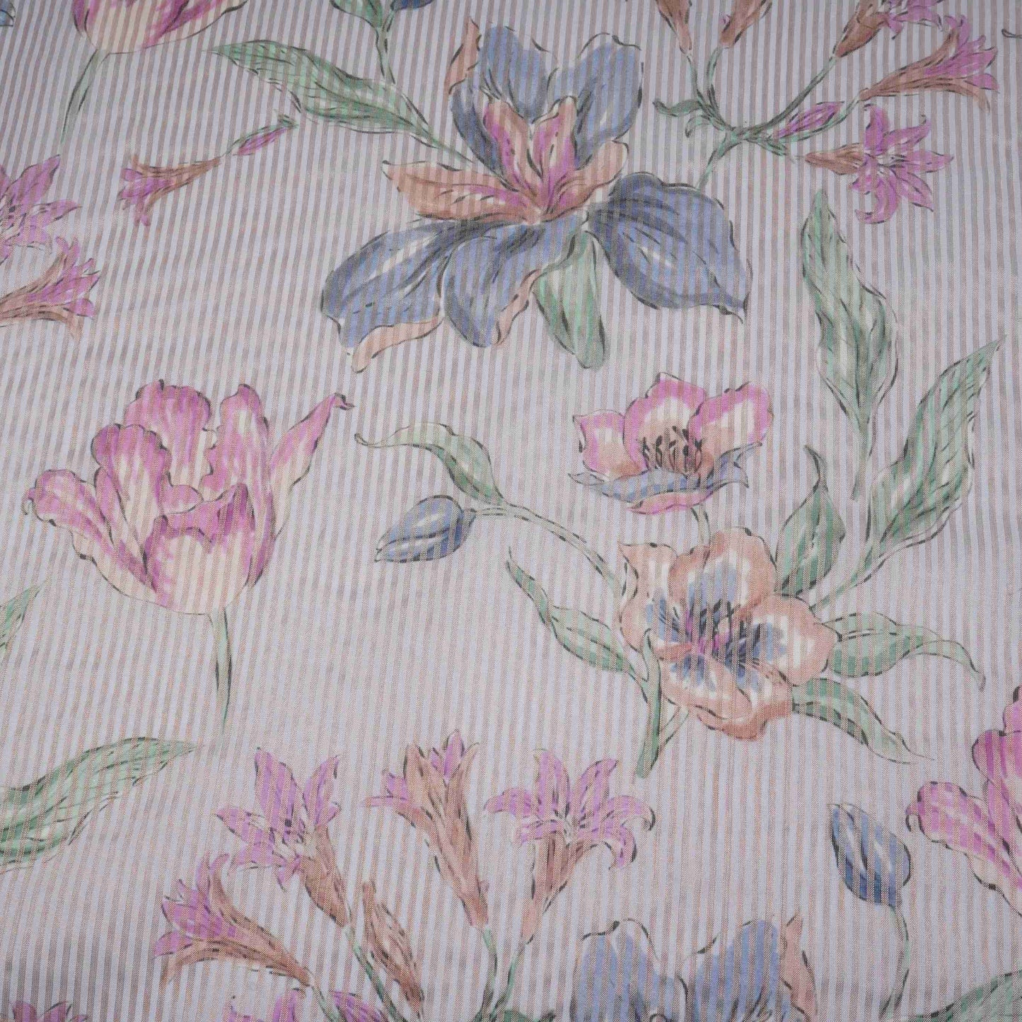 Grey floral with stripes print Organza Fabric VP-32013