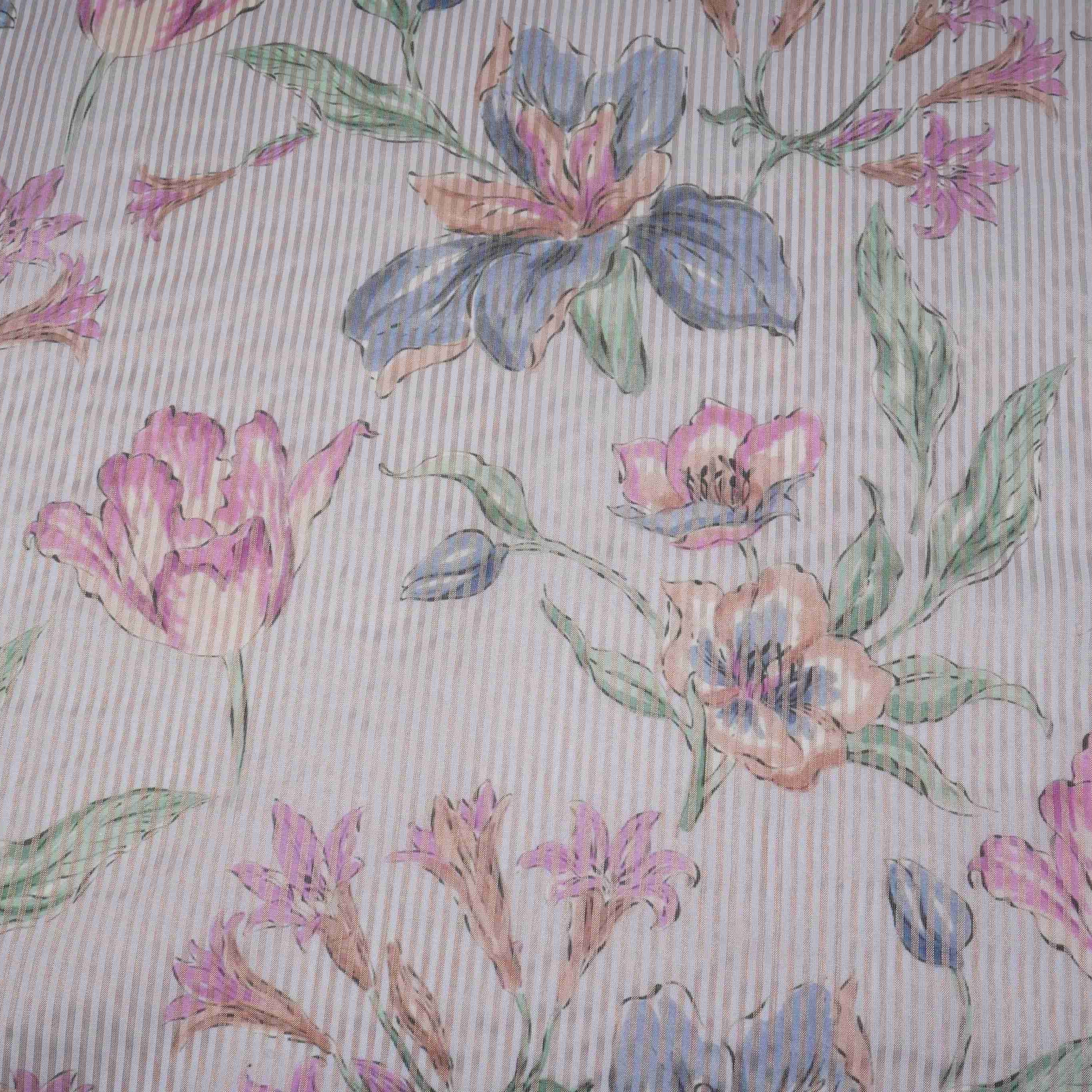 Grey floral with stripes print Organza Fabric VP-32013