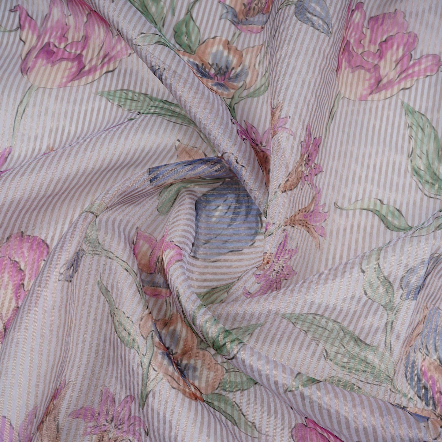Grey floral with stripes print Organza Fabric VP-32013
