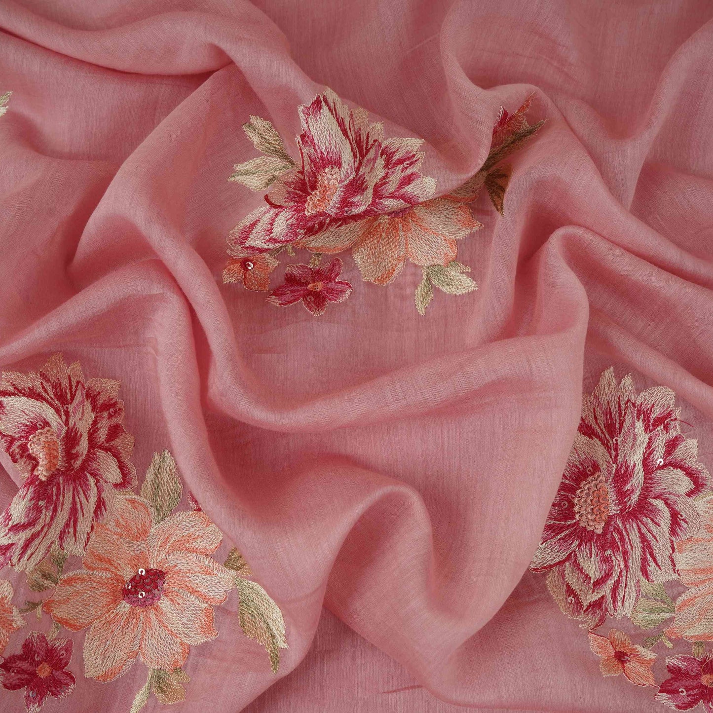 Pink Floral Thread Embroidery Malai Chanderi Fabric SNTF-32429