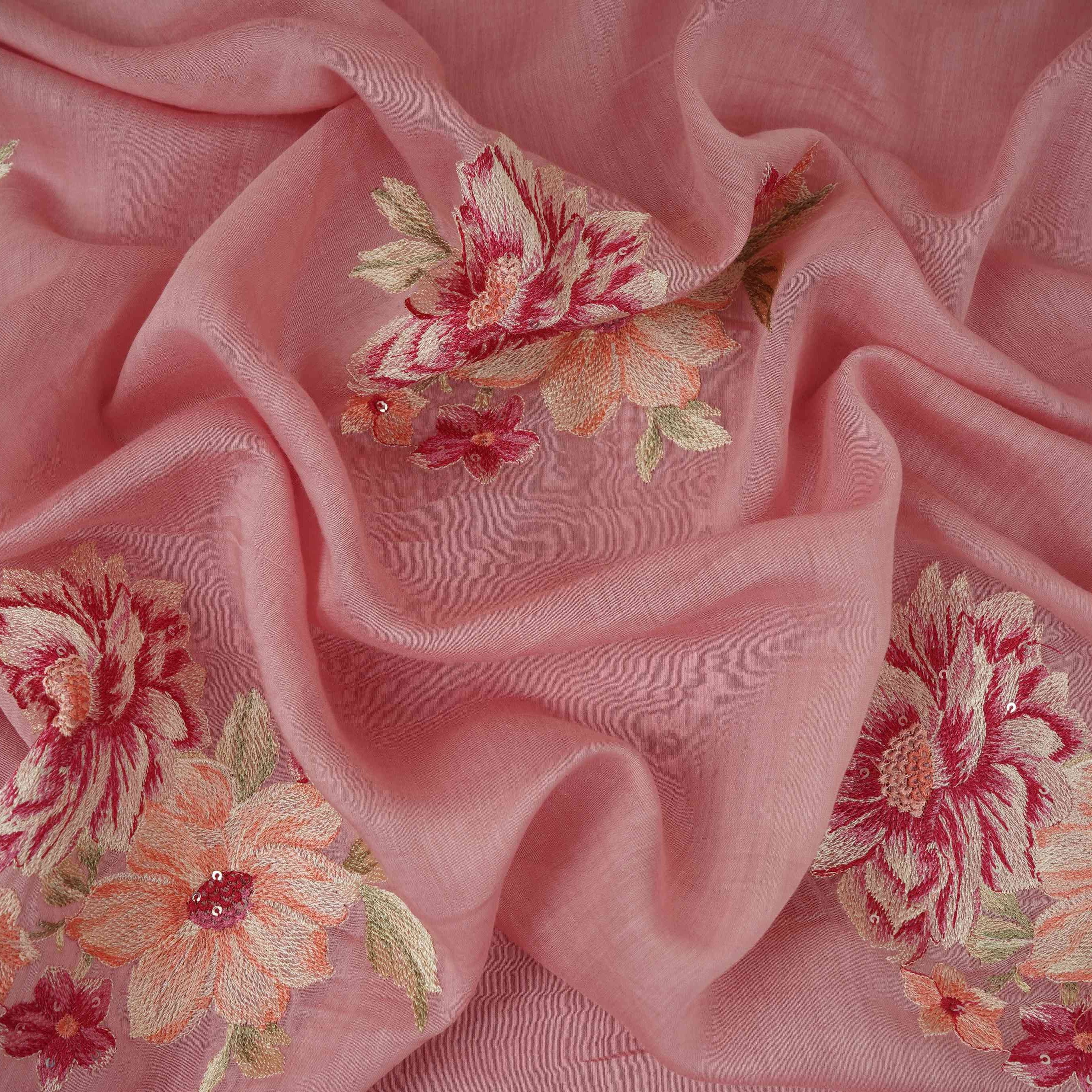 Pink Floral Thread Embroidery Malai Chanderi Fabric SNTF-32429 - TradeUNO