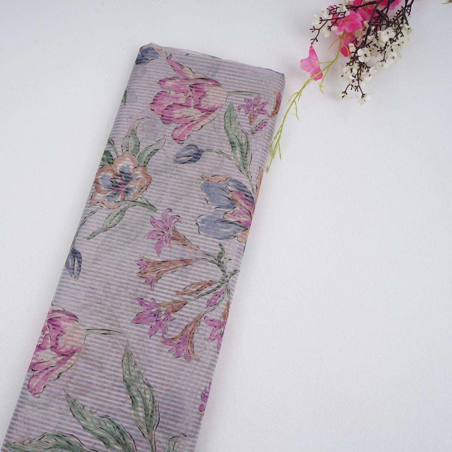 Grey floral with stripes print Organza Fabric VP-32013
