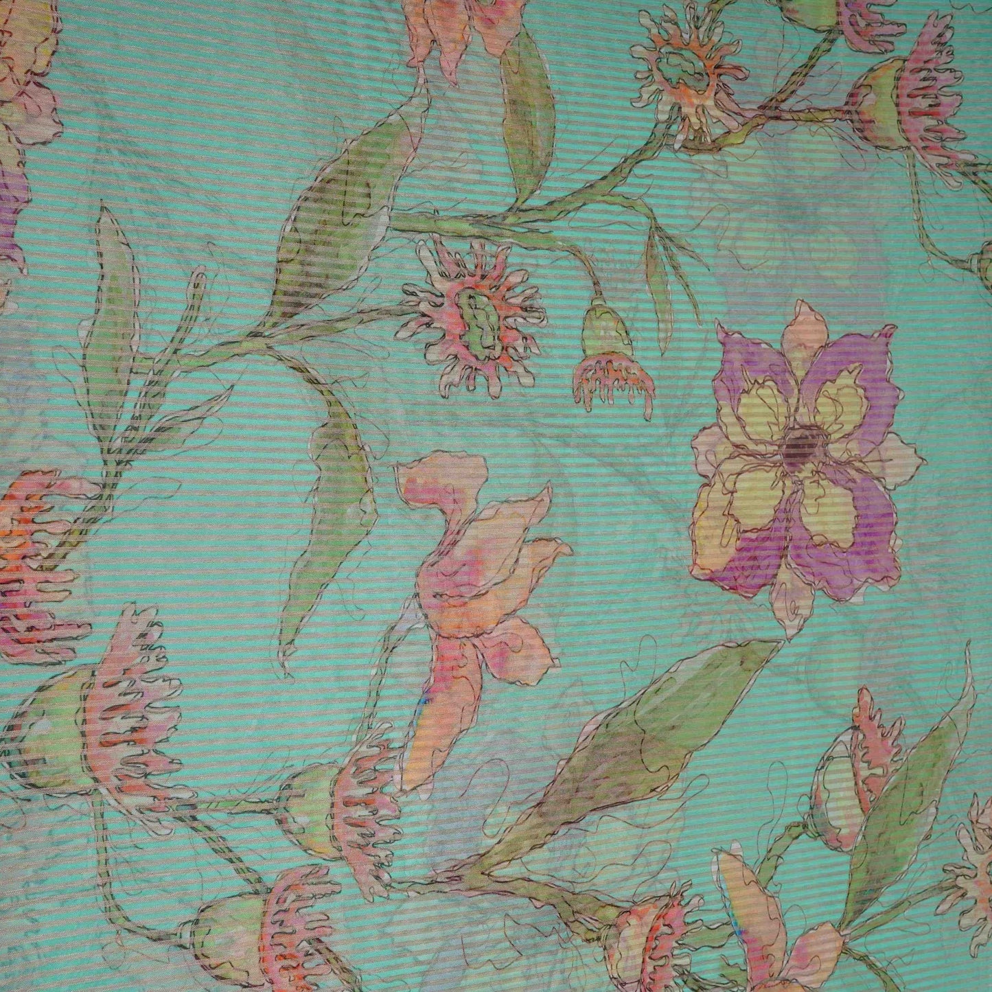 Sky Blue floral with stripes print Organza Fabric VP-32017