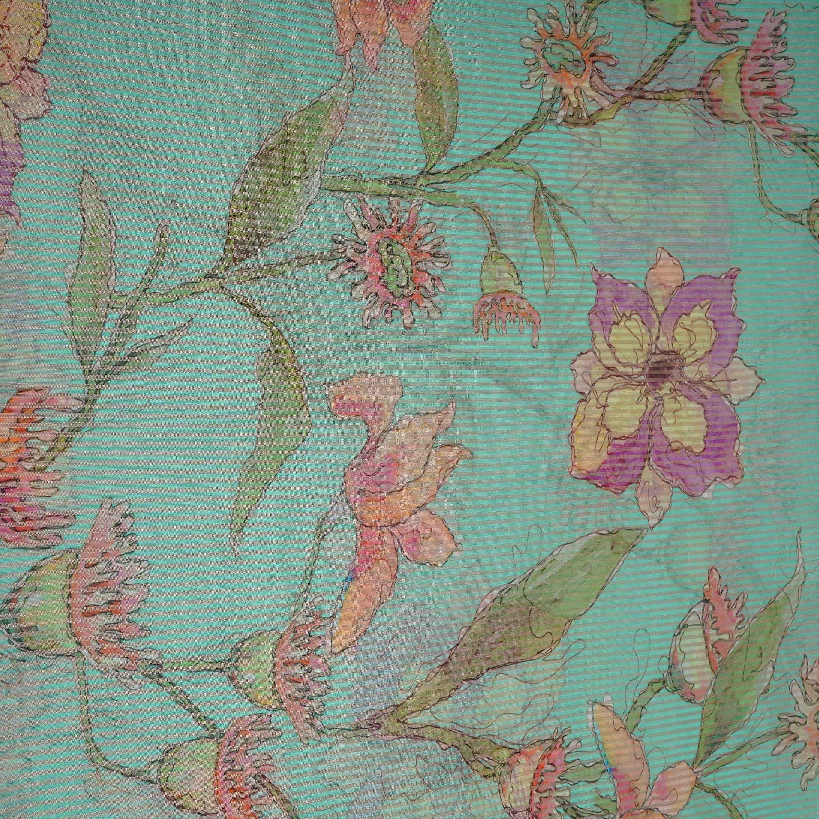Sky Blue floral with stripes print Organza Fabric VP-32017