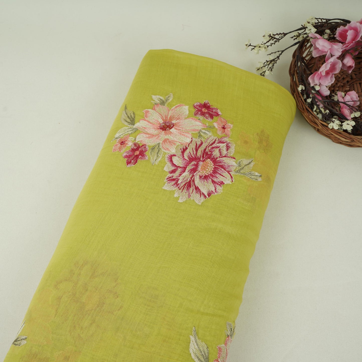 Lime Green Floral Thread Embroidery Malai Chanderi Fabric SNTF-32430