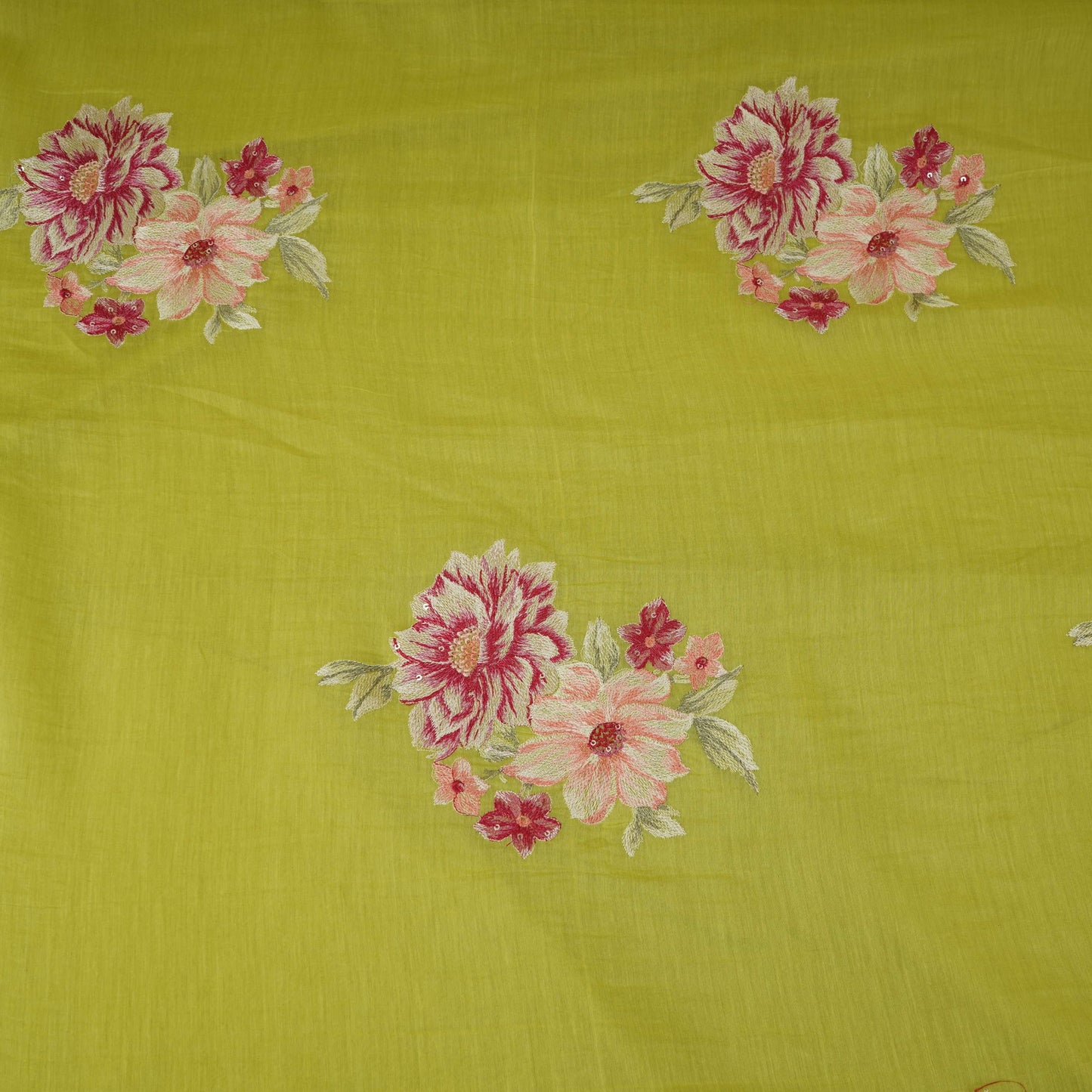 Lime Green Floral Thread Embroidery Malai Chanderi Fabric SNTF-32430