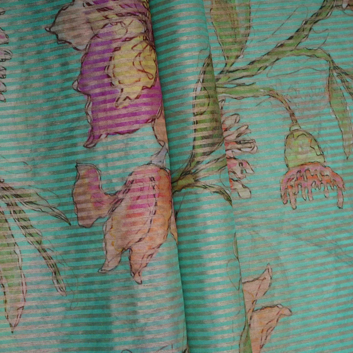 Sky Blue floral with stripes print Organza Fabric VP-32017