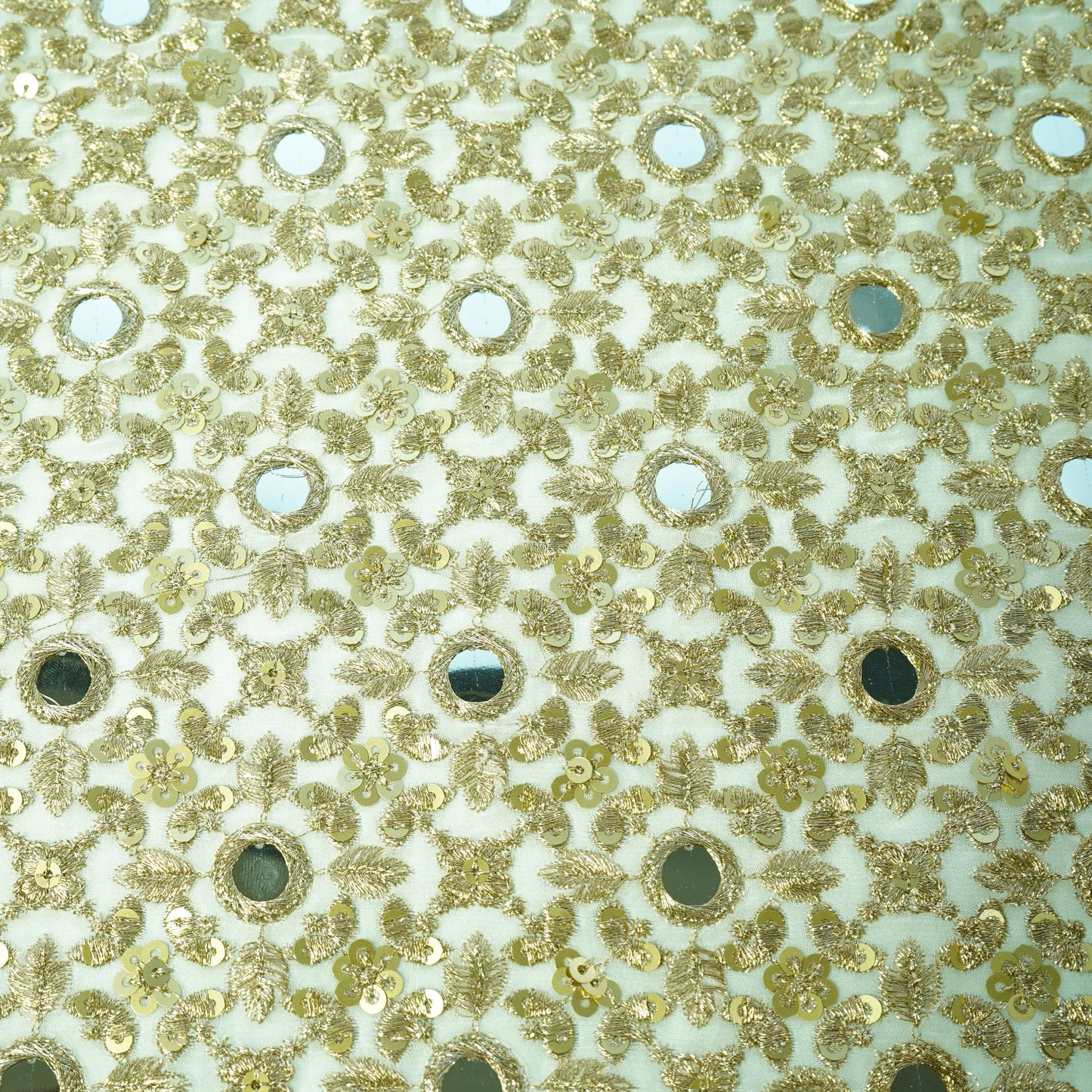 White & Golden Zari With Mirror Work Sequence Emboidery Georgette Fabric