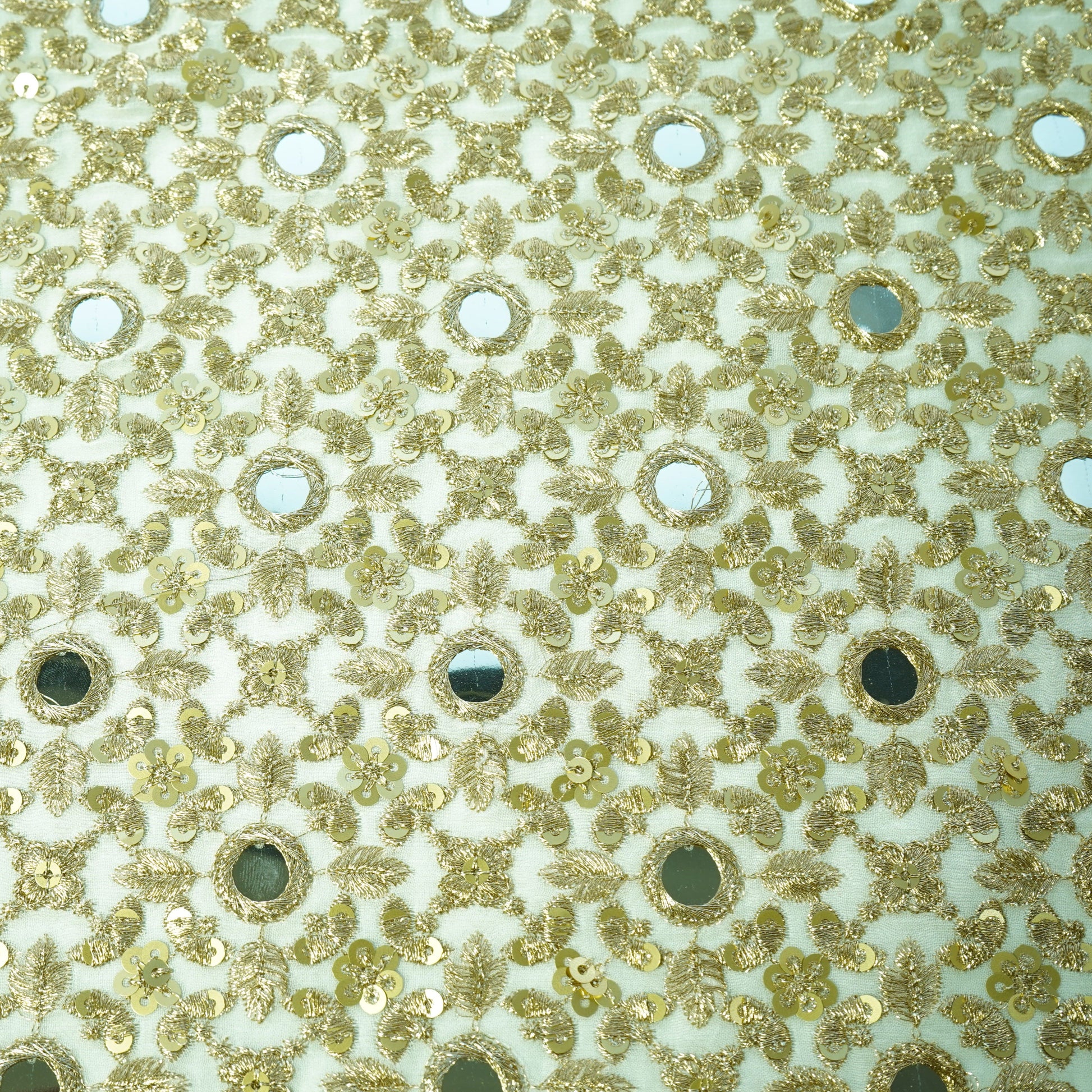 White & Golden Zari With Mirror Work Sequence Emboidery Georgette Fabric