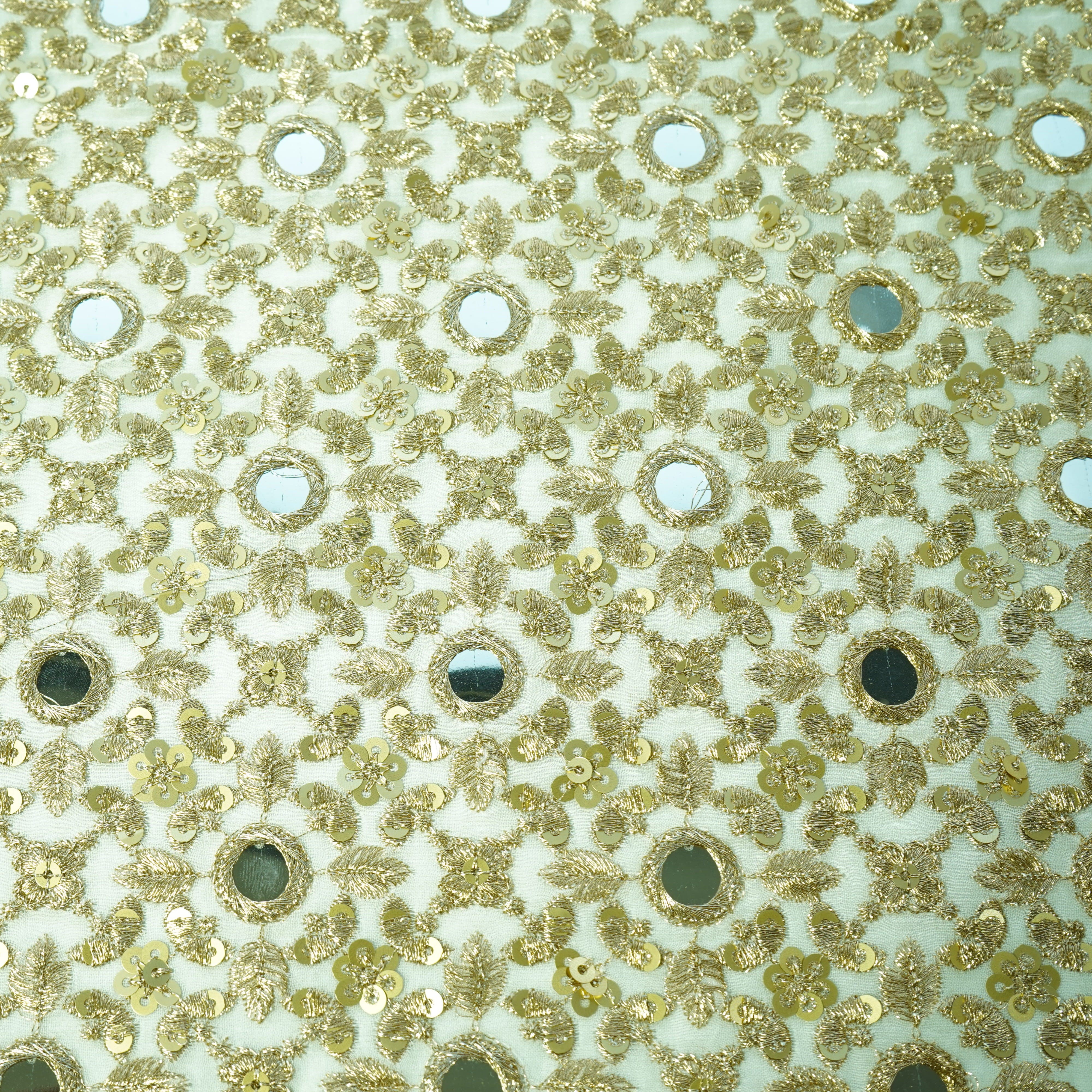 White & Golden Zari With Mirror Work Sequence Emboidery Georgette Fabric