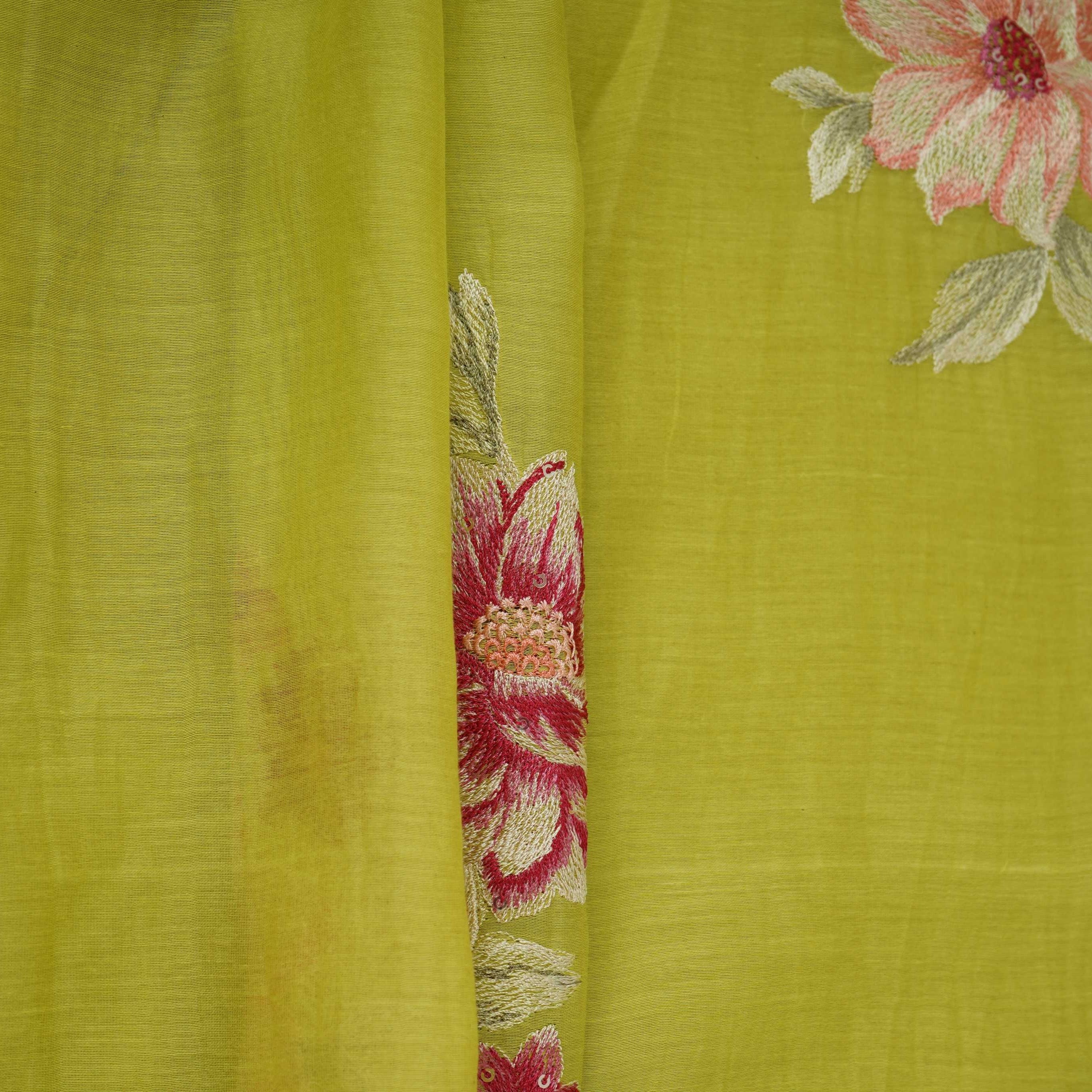 Lime Green Floral Thread Embroidery Malai Chanderi Fabric SNTF-32430 - TradeUNO