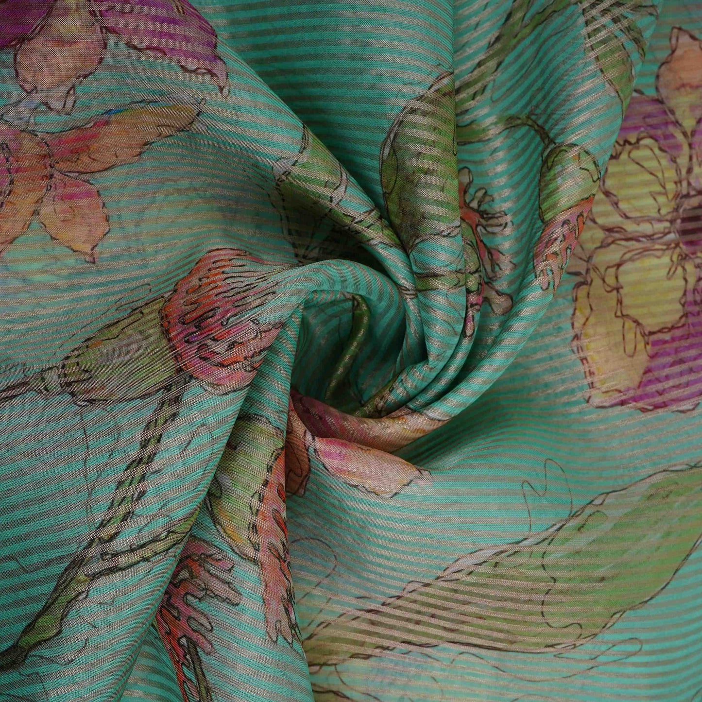 Sky Blue floral with stripes print Organza Fabric VP-32017