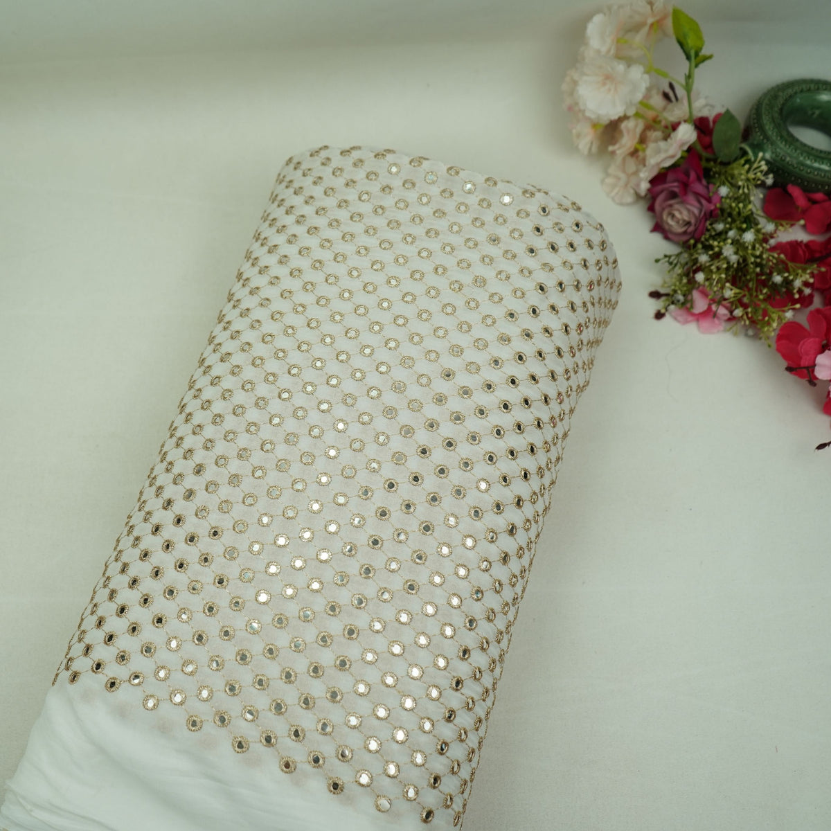White Golden Mirror Jaal Embroidery Dyeable Georgette Fabric AF-35048