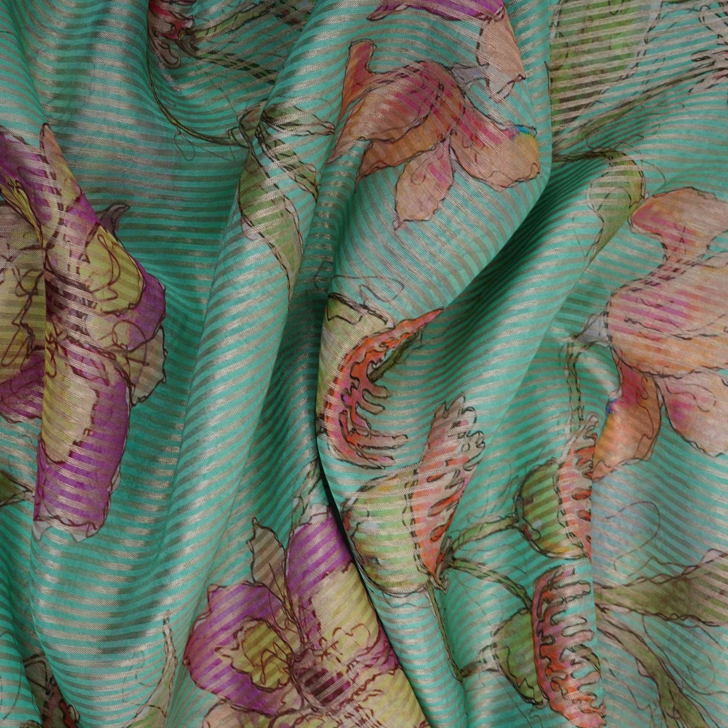 Sky Blue floral with stripes print Organza Fabric VP-32017