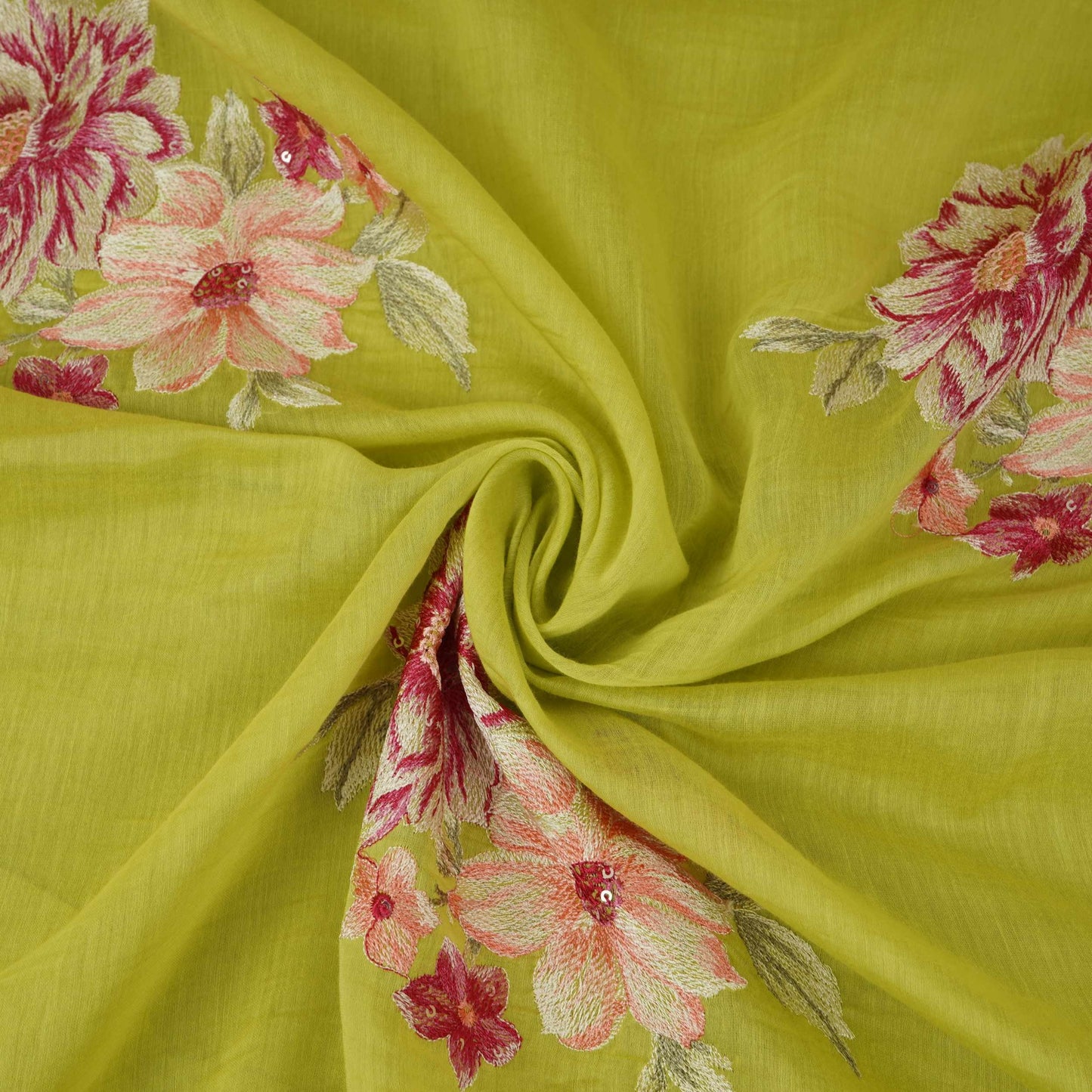 Lime Green Floral Thread Embroidery Malai Chanderi Fabric SNTF-32430