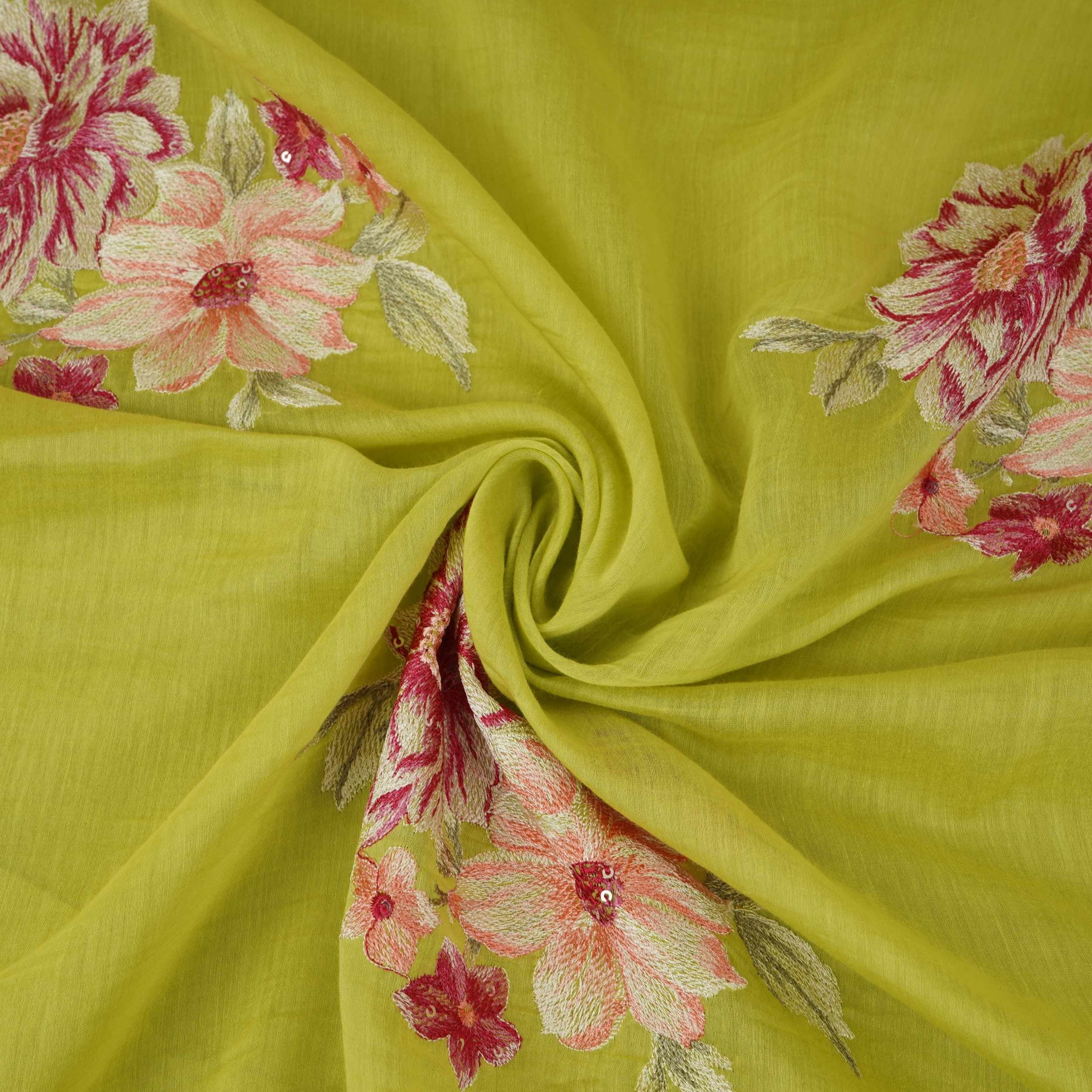 Lime Green Floral Thread Embroidery Malai Chanderi Fabric SNTF-32430 - TradeUNO