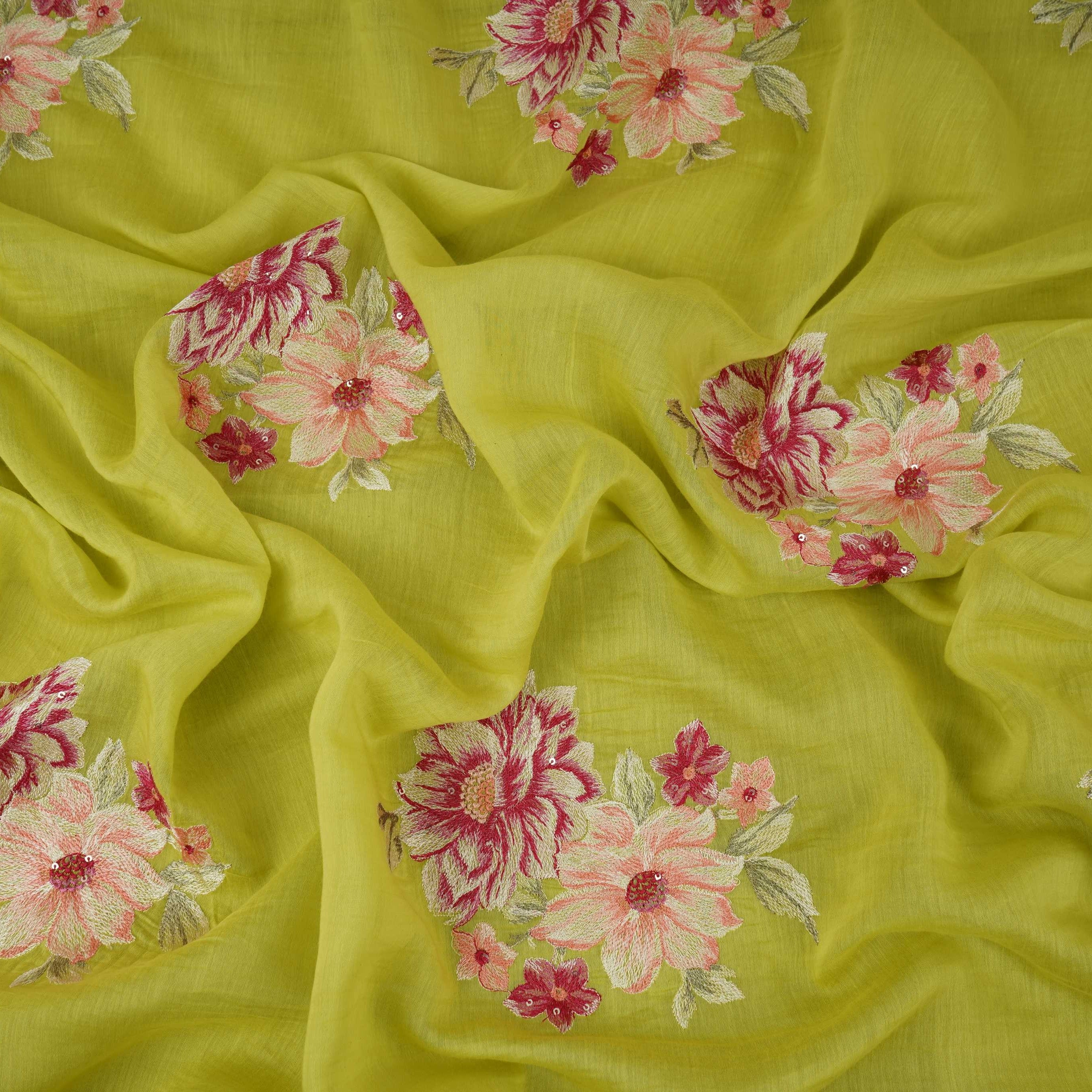 Lime Green Floral Thread Embroidery Malai Chanderi Fabric SNTF-32430 - TradeUNO