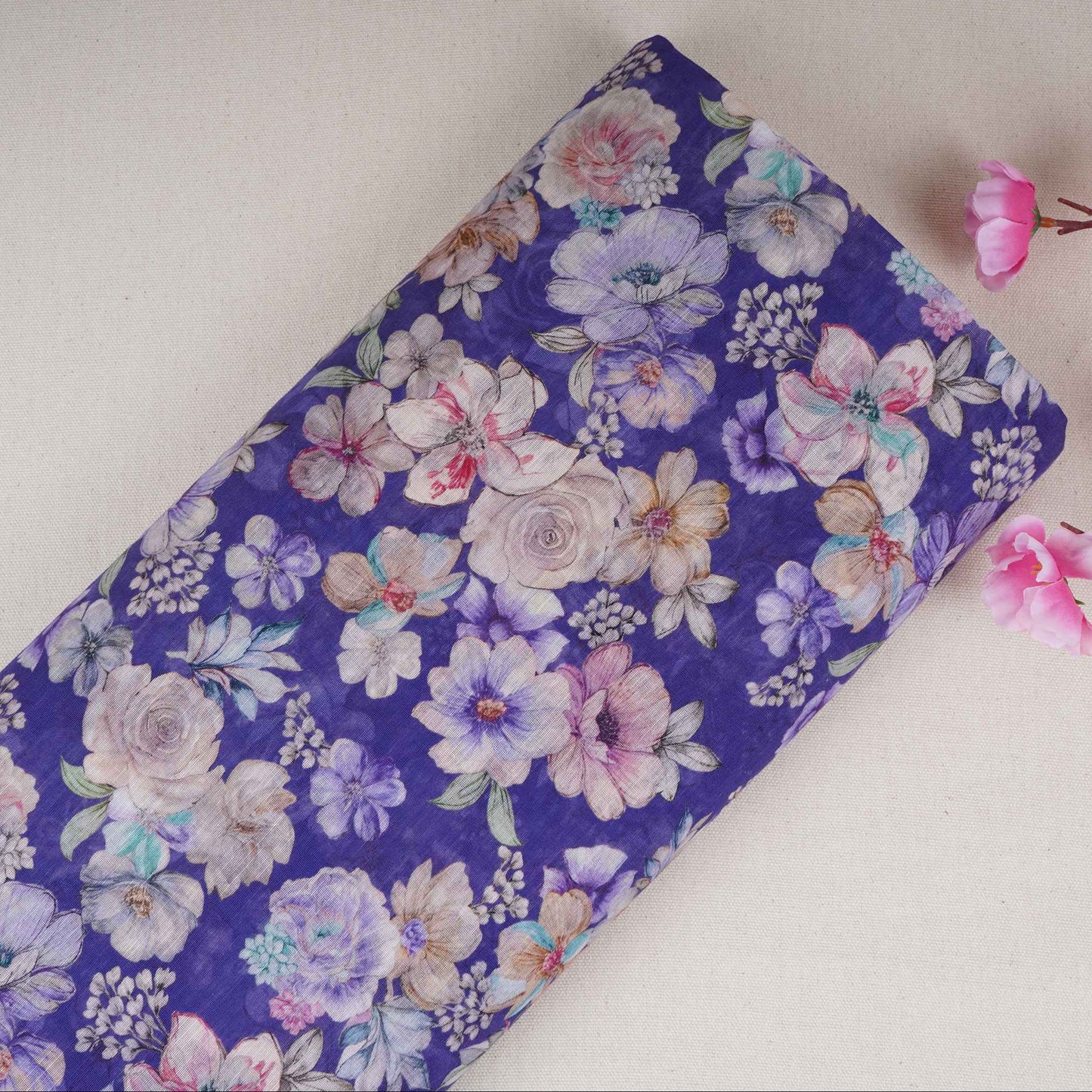 Royal Blue Floral Print Cotton Linen Fabric RT-30918