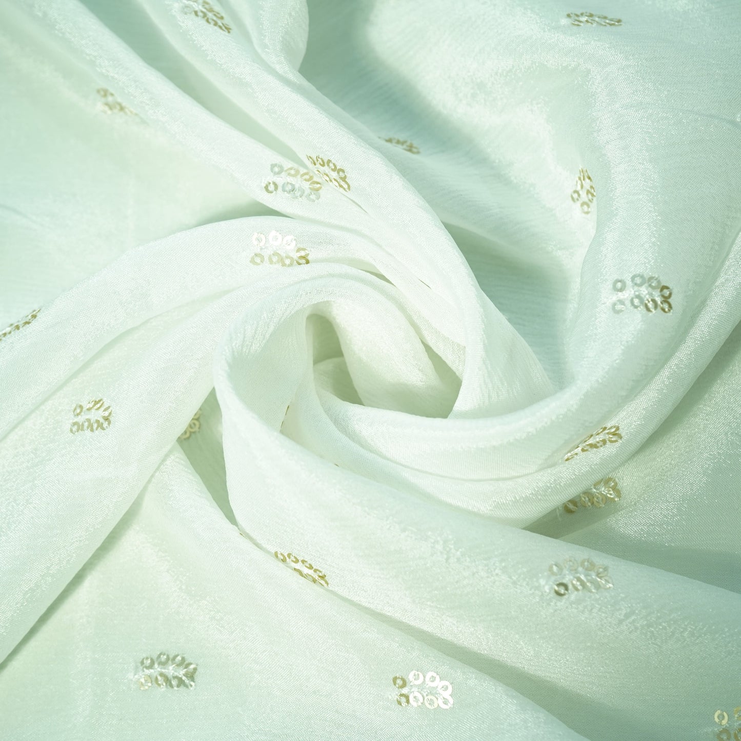 White Sequins Embroidery Chinnon Chiffon Dyeable Fabric