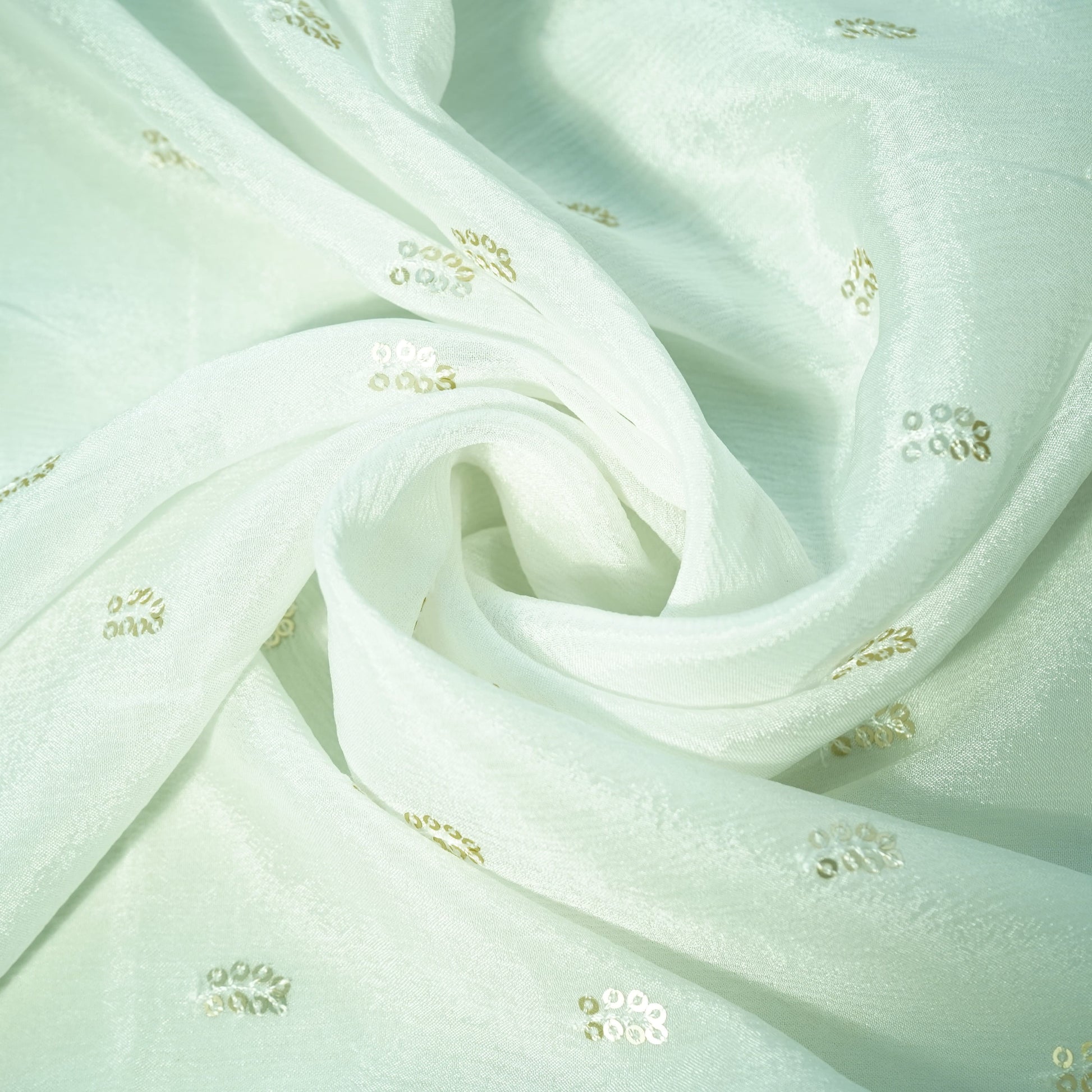 White Sequins Embroidery Chinnon Chiffon Dyeable Fabric