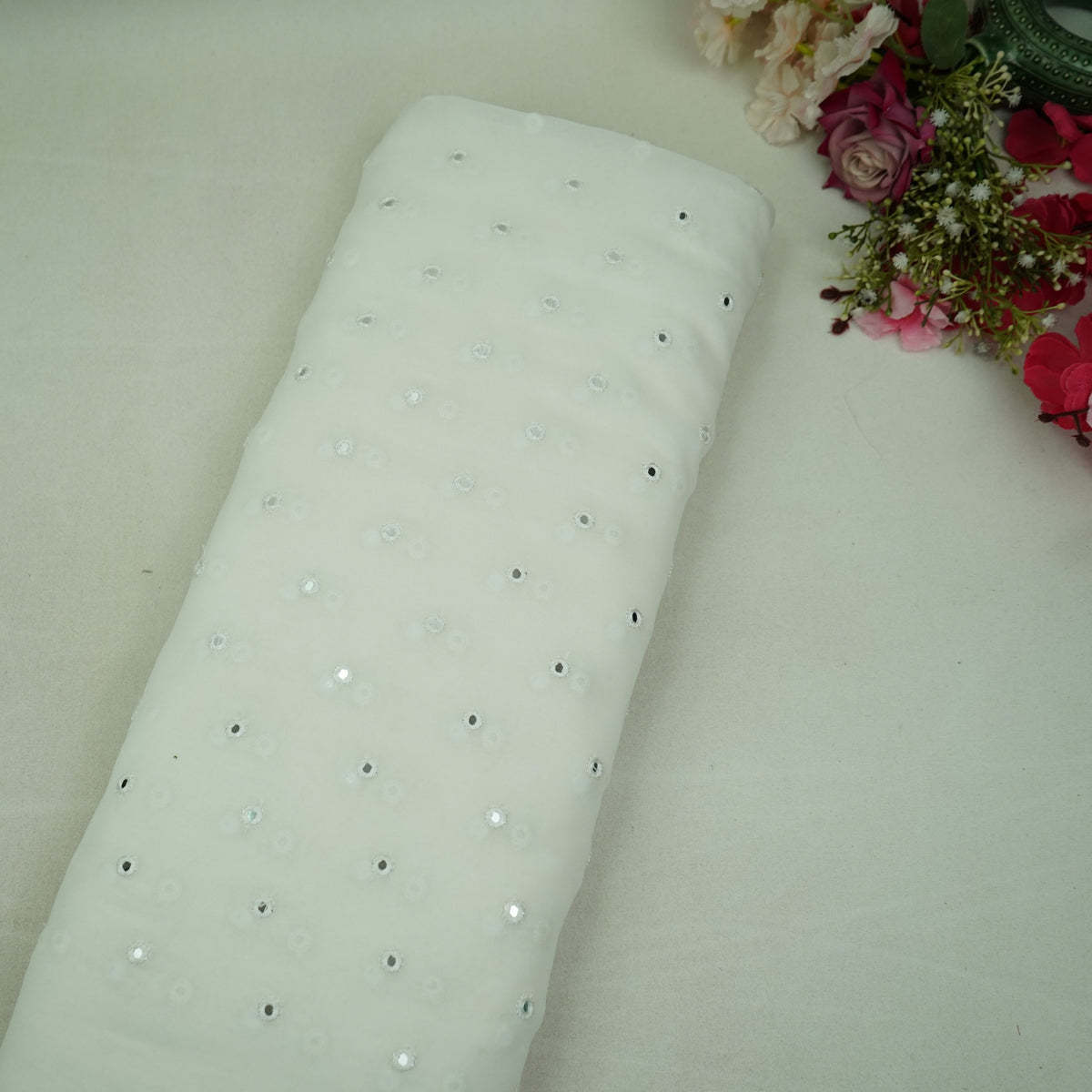 White Silver Mirror Buta Embroidery Dyeable Georgette Fabric AF-35044