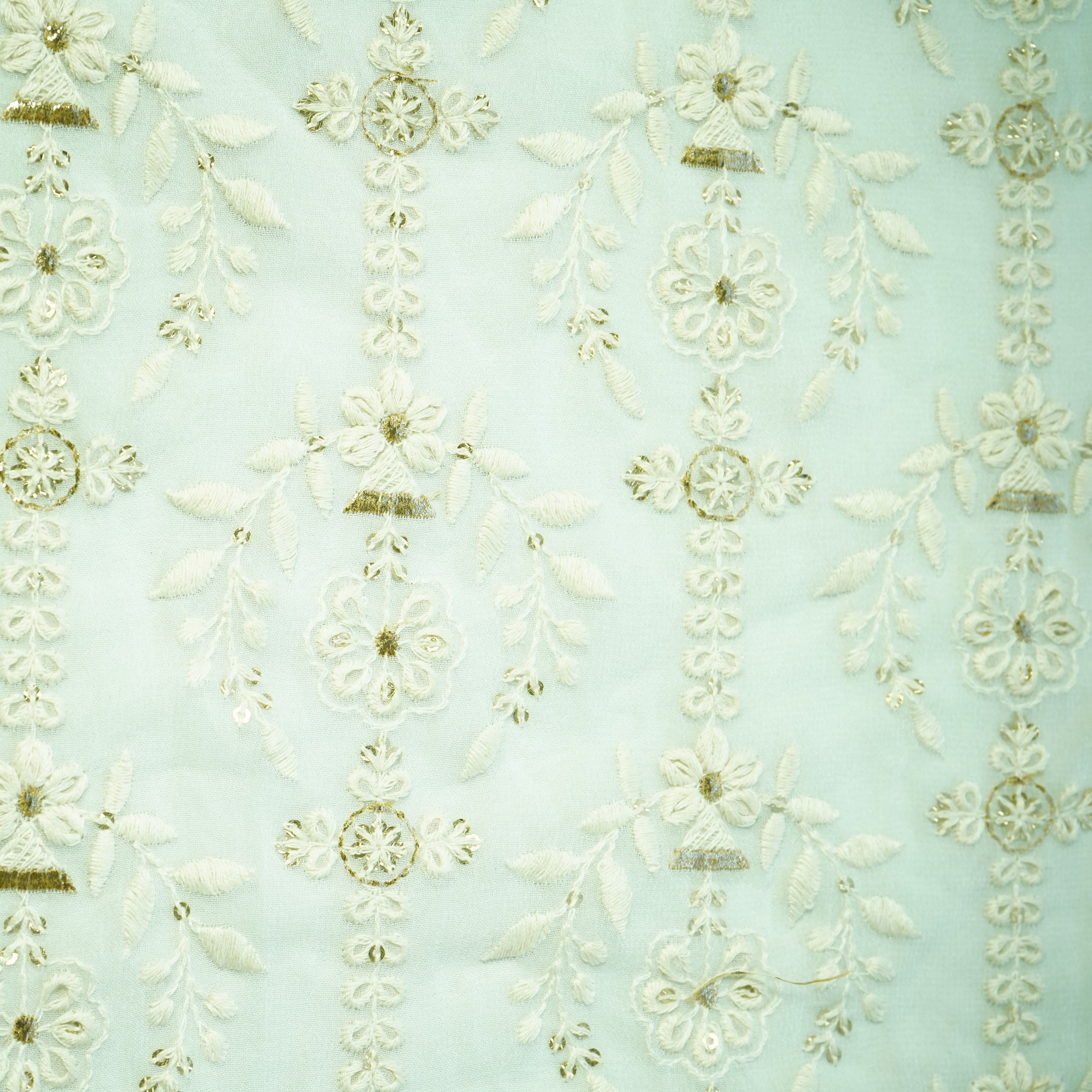 White Floral Gold Zari Sequence Thread Embroidery Dyeable Georgette Fabric