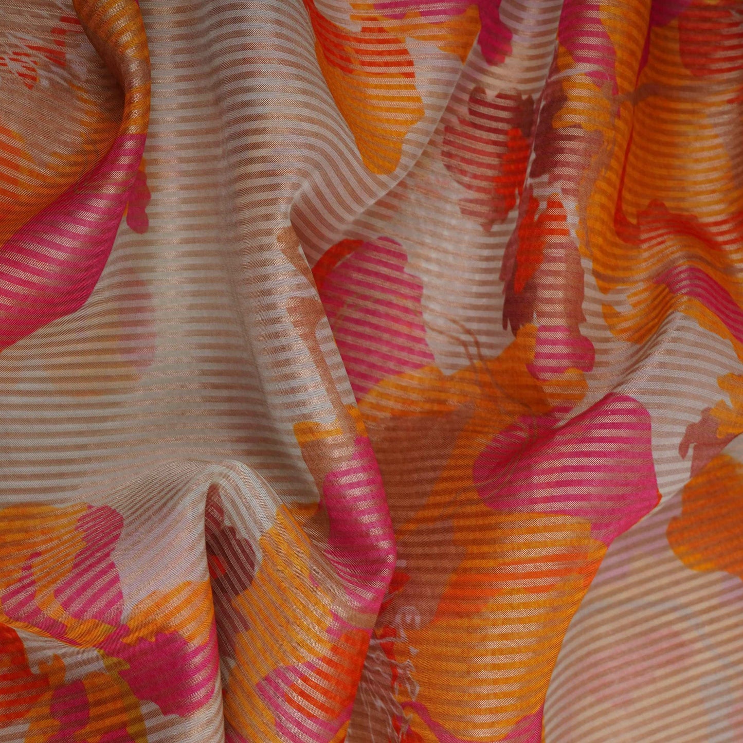 Light Grey floral with stripes print Organza Fabric VP-32008