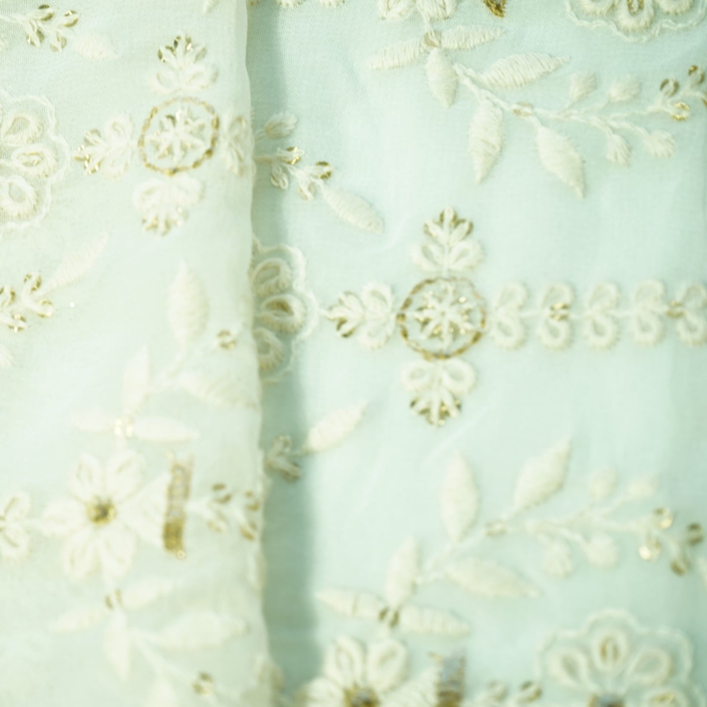 White Floral Gold Zari Sequence Thread Embroidery Dyeable Georgette Fabric