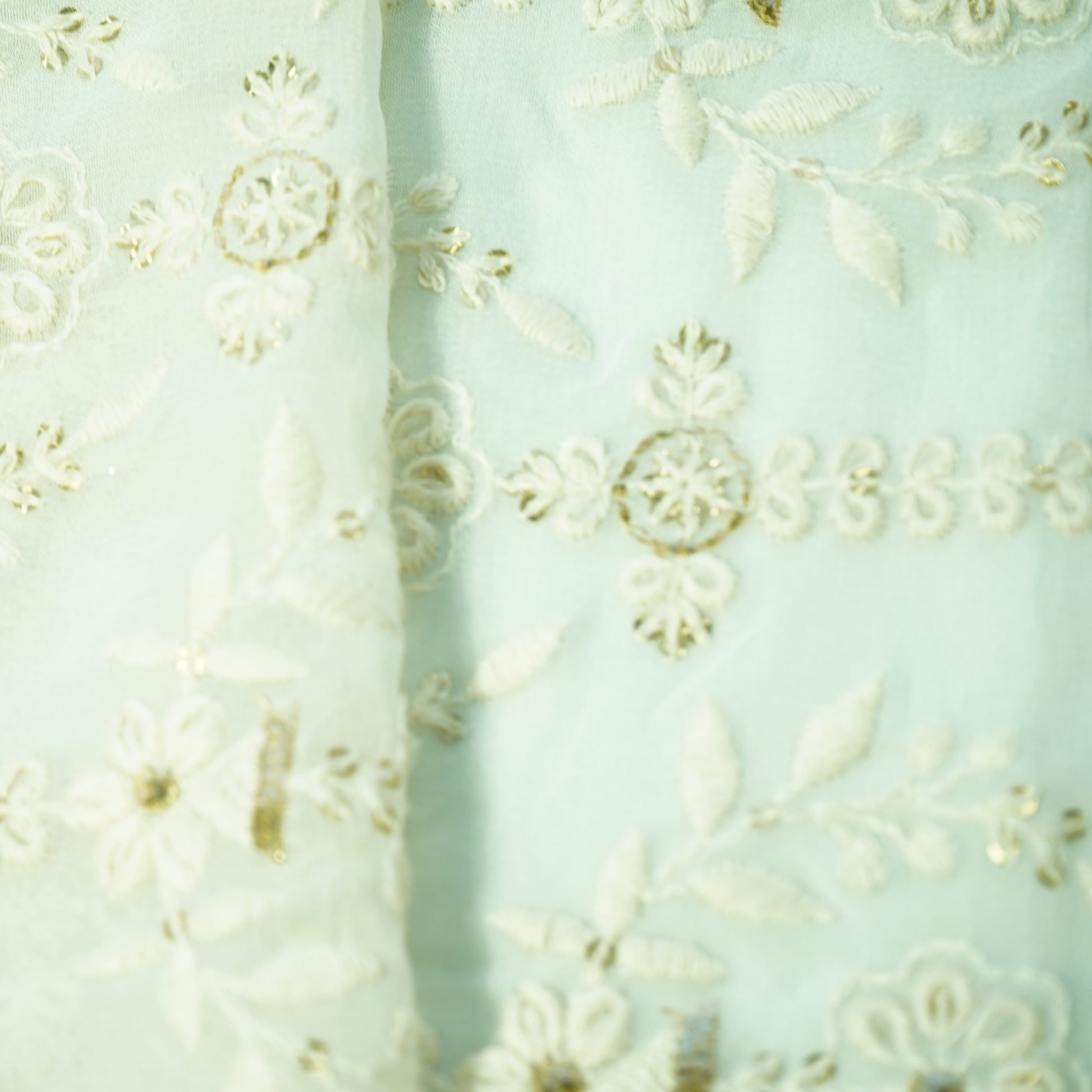 White Floral Gold Zari Sequence Thread Embroidery Dyeable Georgette Fabric