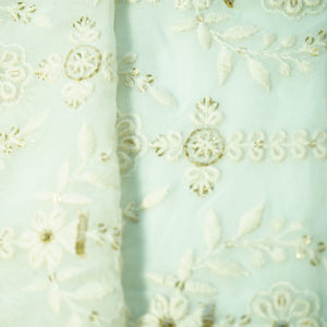 White Floral Gold Zari Sequence Thread Embroidery Dyeable Georgette Fabric