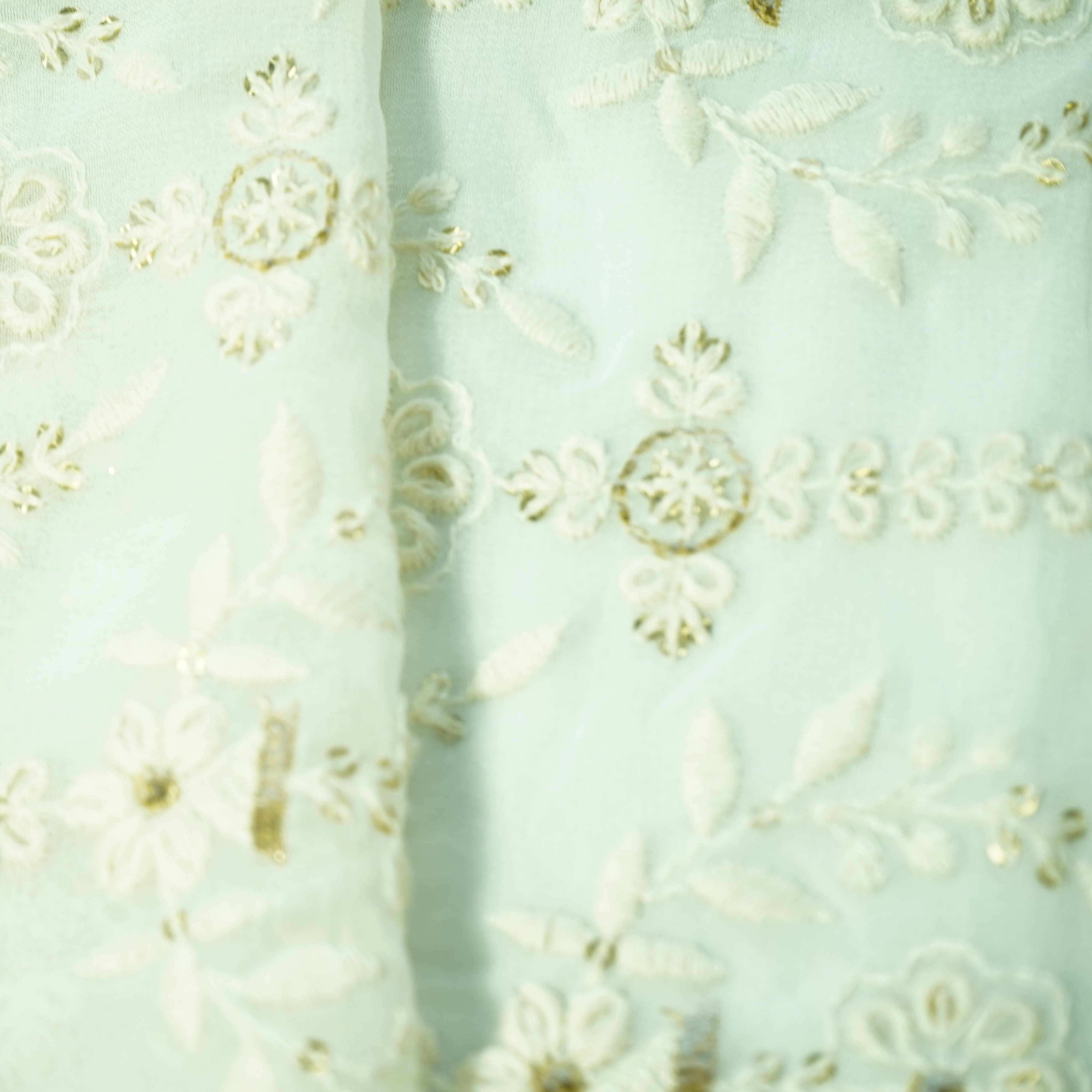 White Floral Gold Zari Sequence Thread Embroidery Dyeable Georgette Fabric