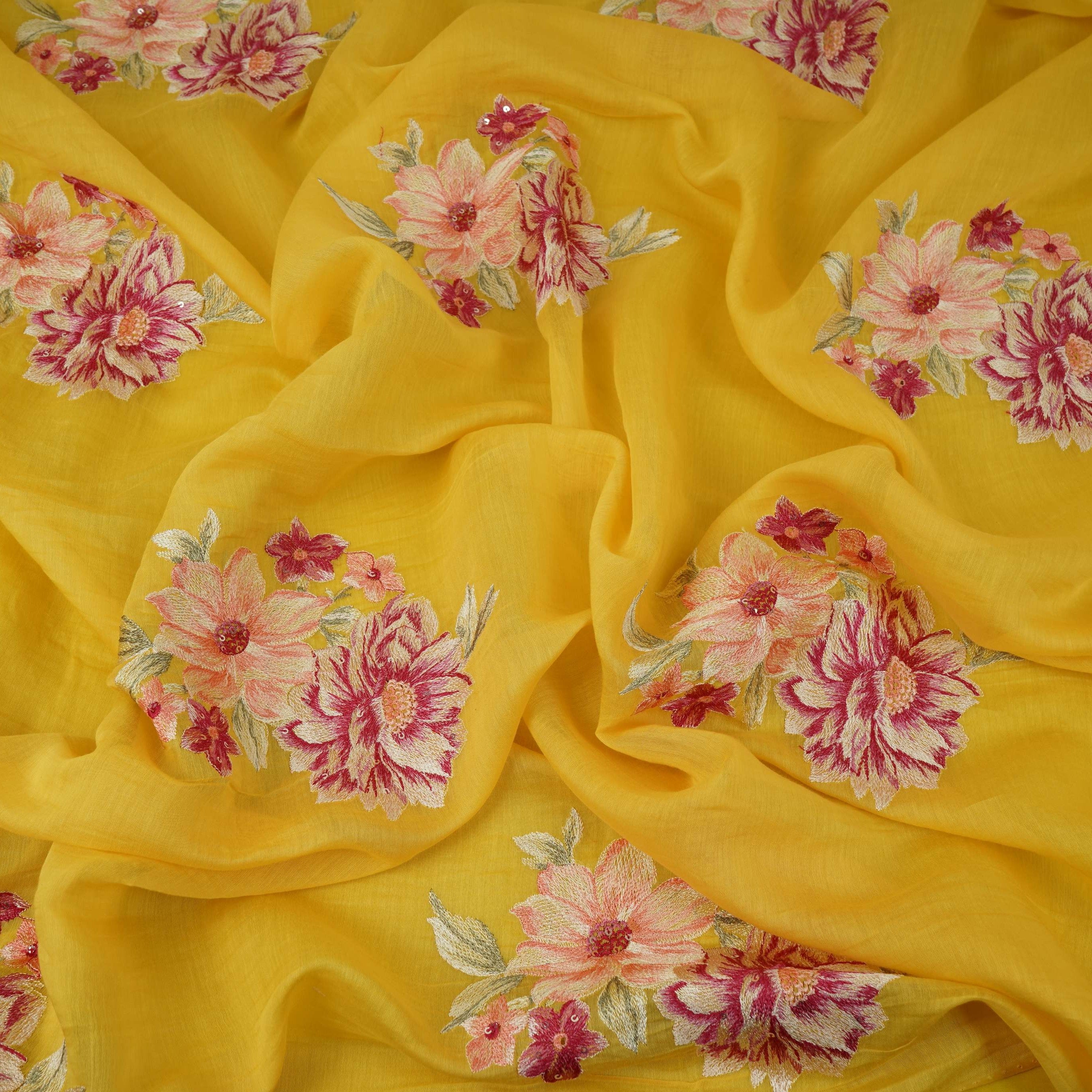 Yellow Floral Thread Embroidery Malai Chanderi Fabric SNTF-32428 - TradeUNO