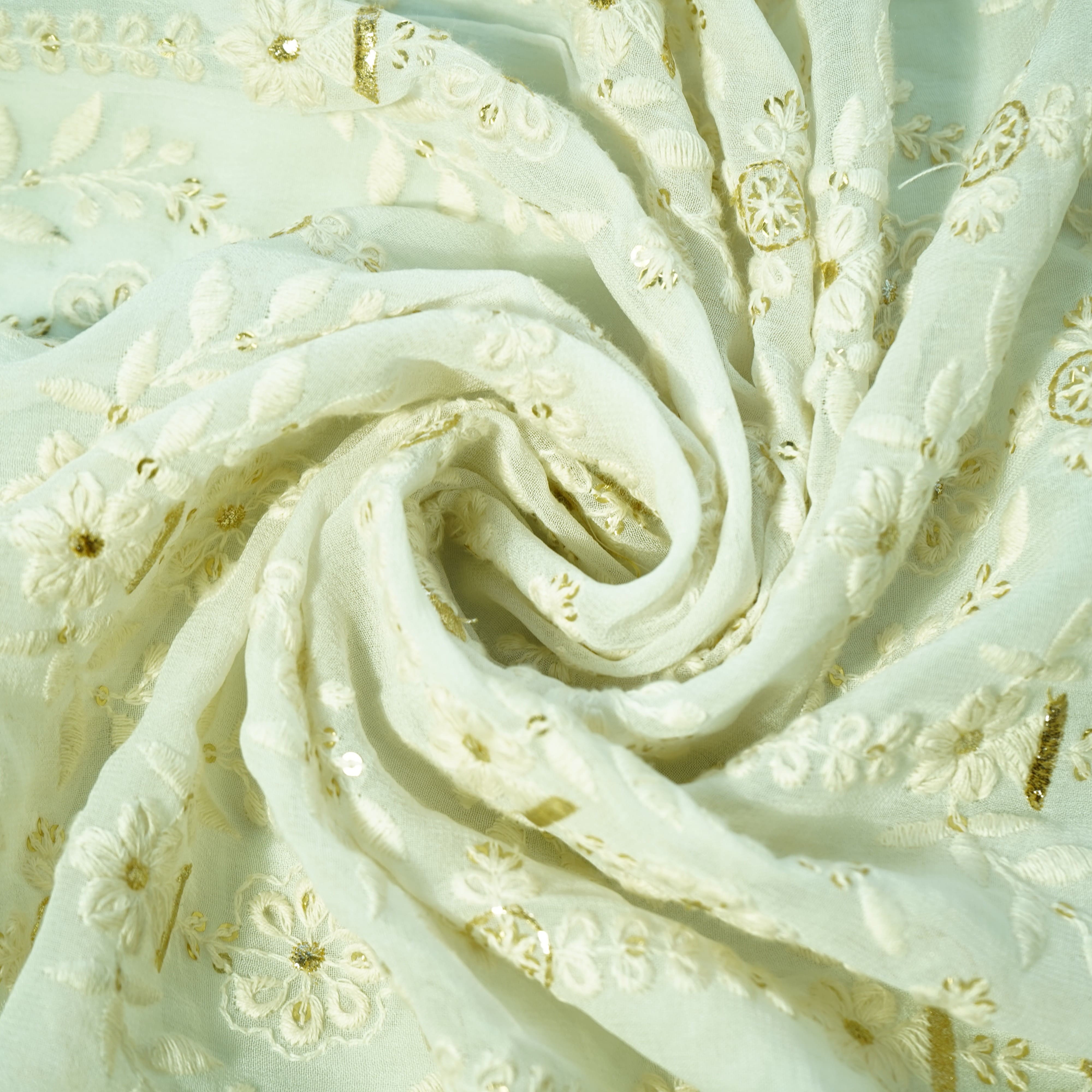 White Floral Gold Zari Sequence Thread Embroidery Dyeable Georgette Fabric