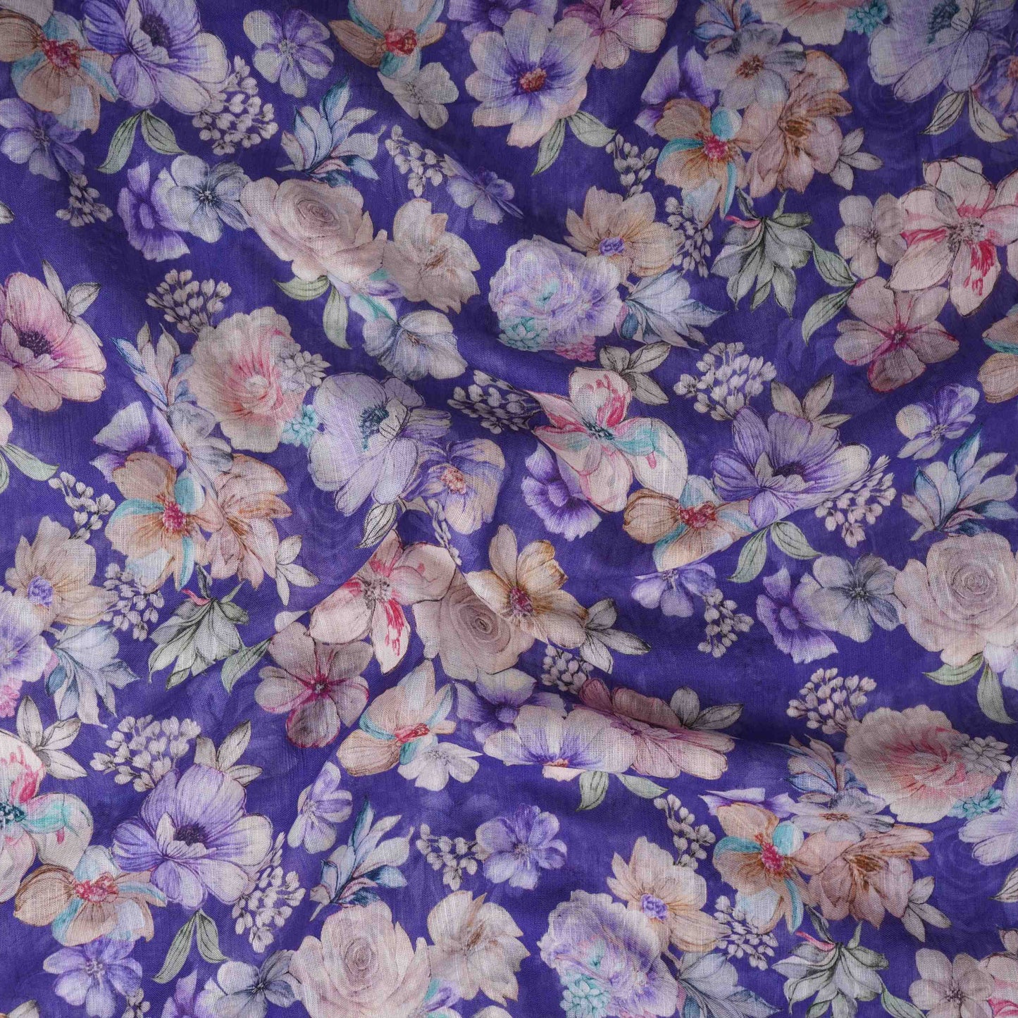 Royal Blue Floral Print Cotton Linen Fabric RT-30918