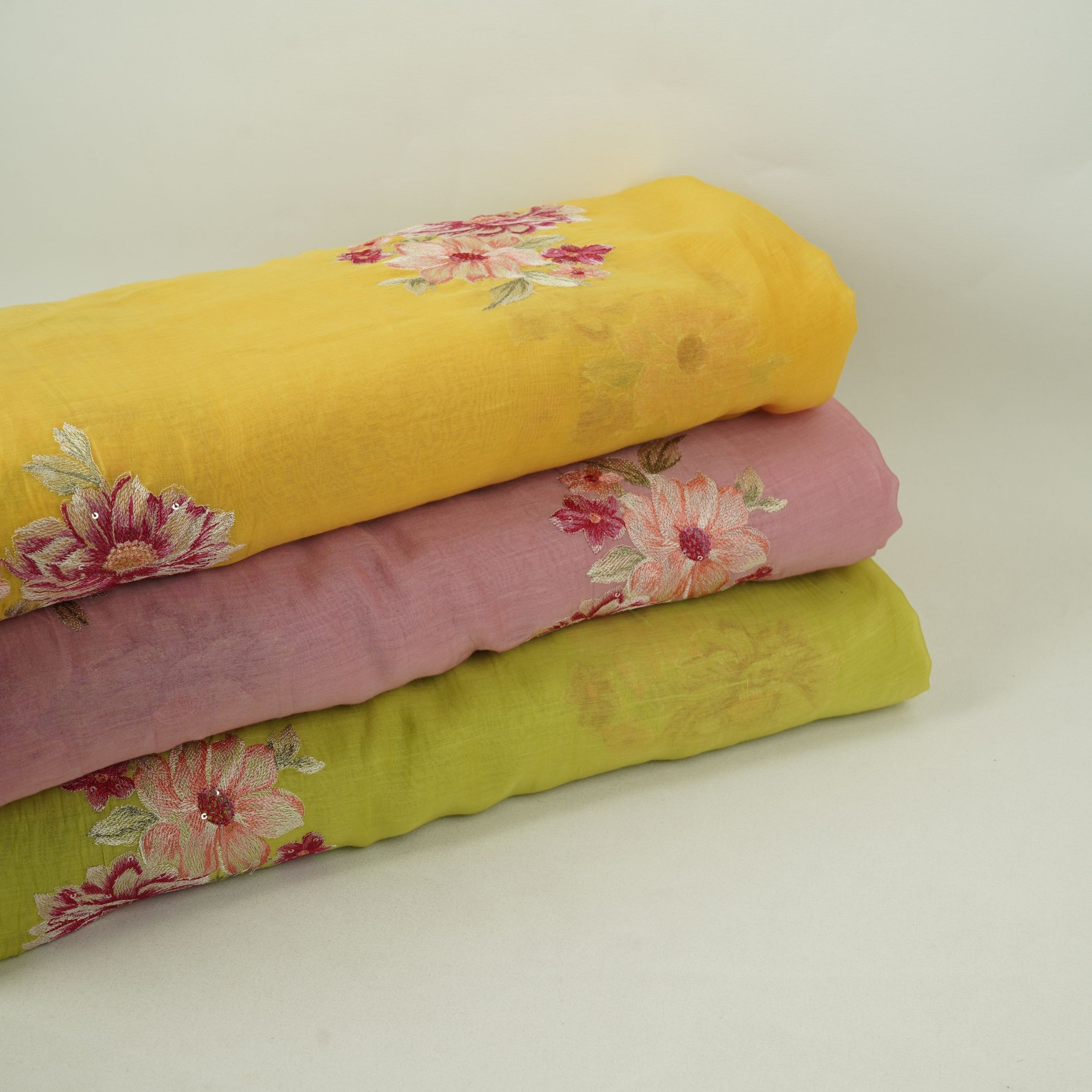 Lime Green Floral Thread Embroidery Malai Chanderi Fabric SNTF-32430 - TradeUNO
