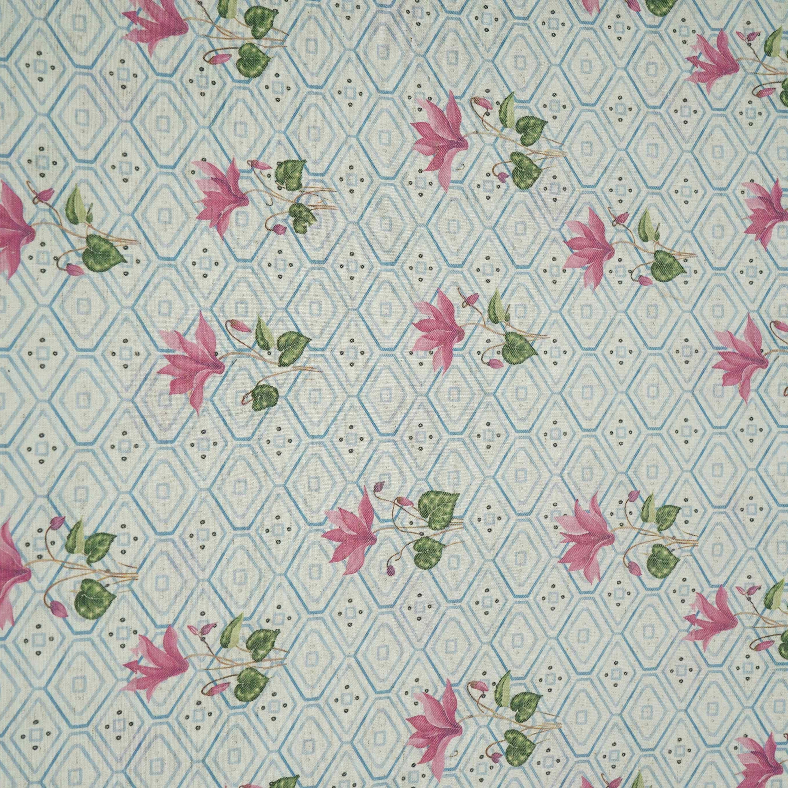 Blue & White Floral Geometrical Print Cotton Fabric DE-32459 - TradeUNO