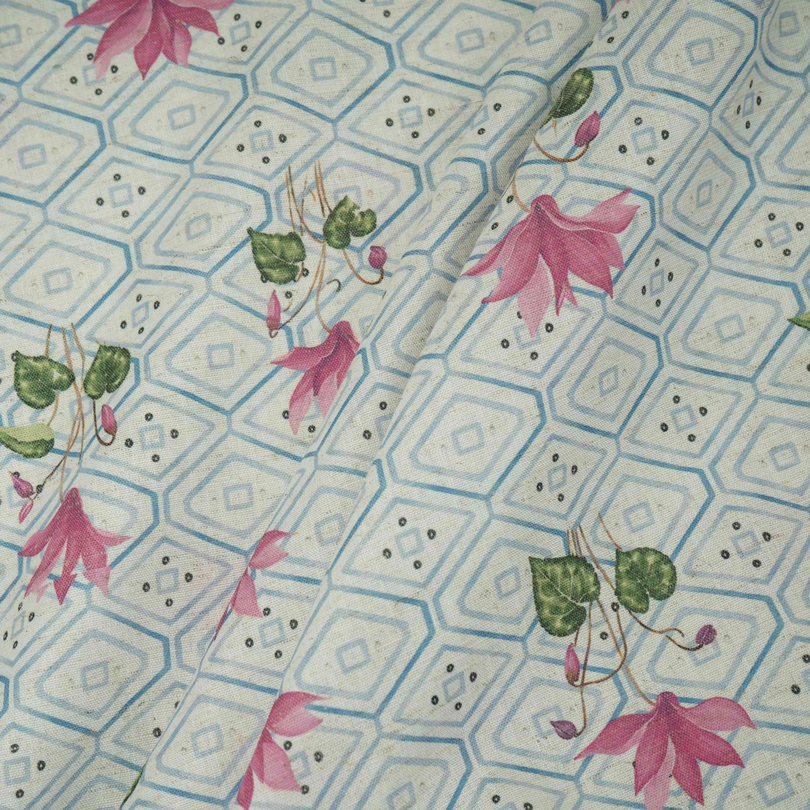 Blue & White Floral Geometrical Print Cotton Fabric DE-32459 - TradeUNO