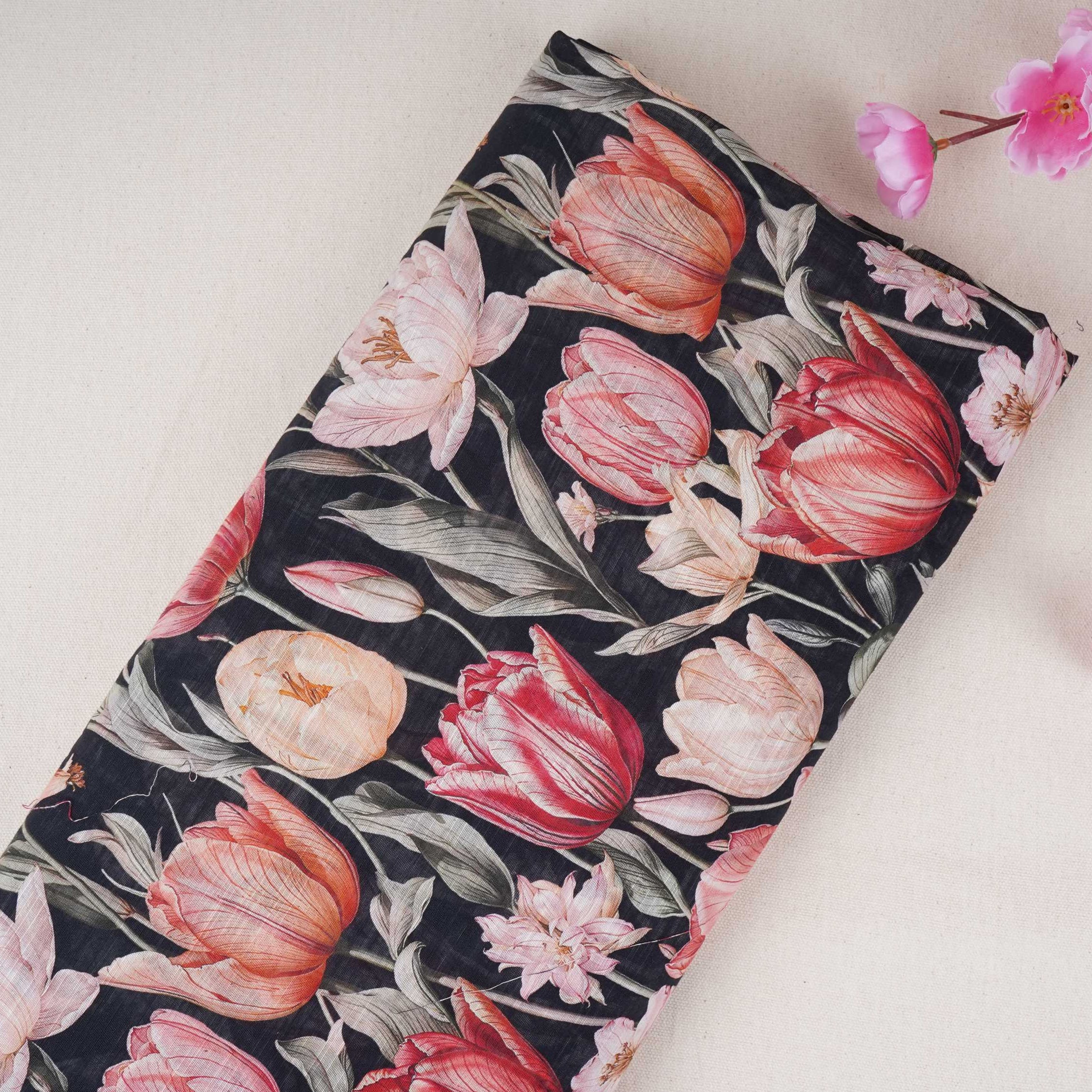 Black Floral Print Cotton Linen Fabric RT-30916 - TradeUNO