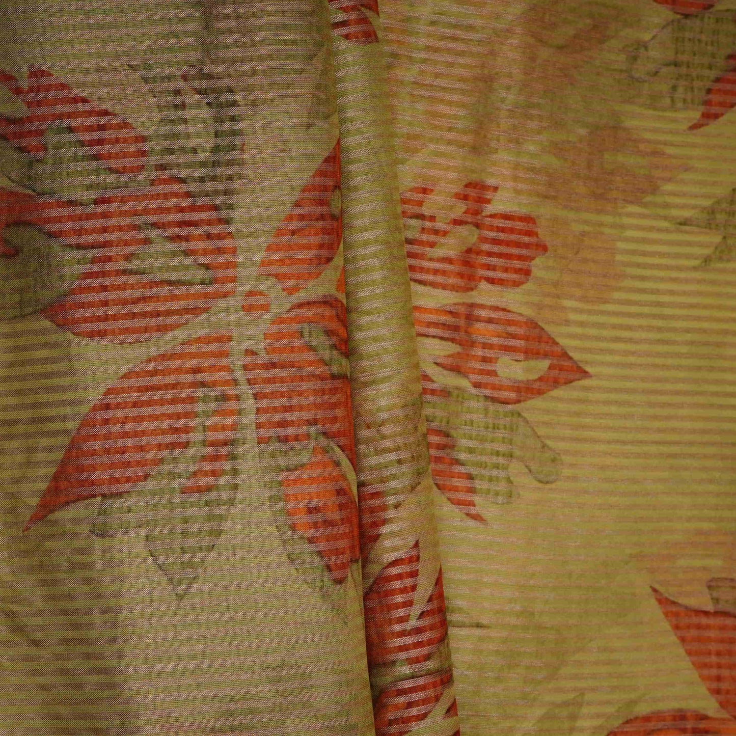 Green floral with stripes print Organza Fabric VP-32007