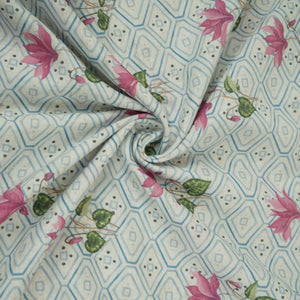 Blue & White Floral Geometrical Print Cotton Fabric DE-32459 - TradeUNO