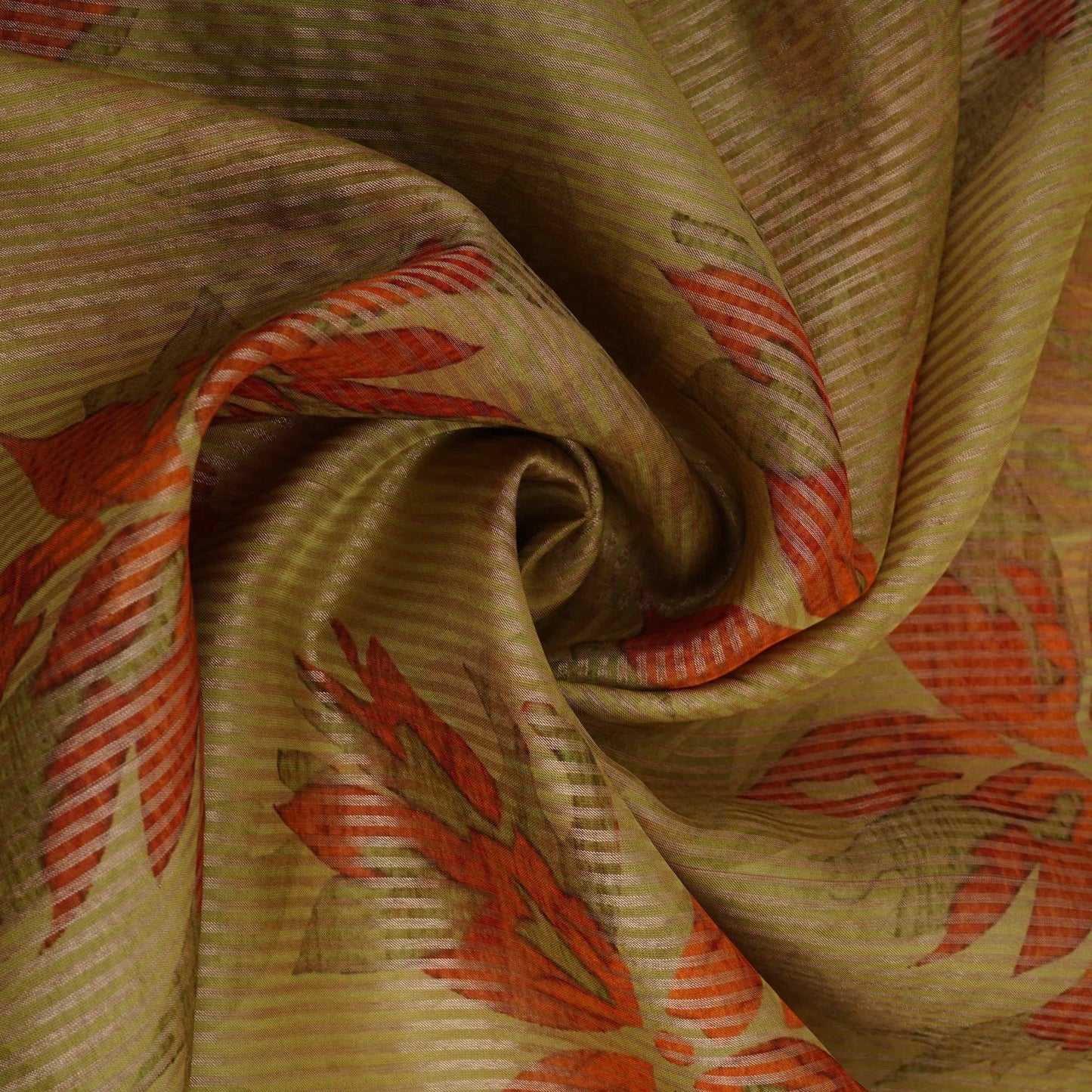 Green floral with stripes print Organza Fabric VP-32007