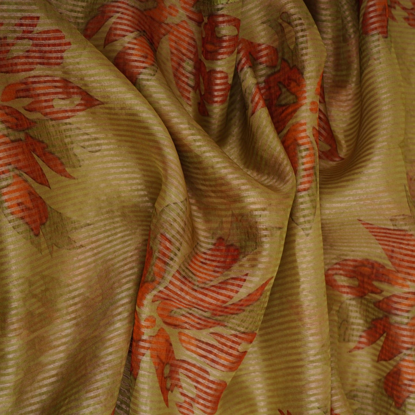Green floral with stripes print Organza Fabric VP-32007