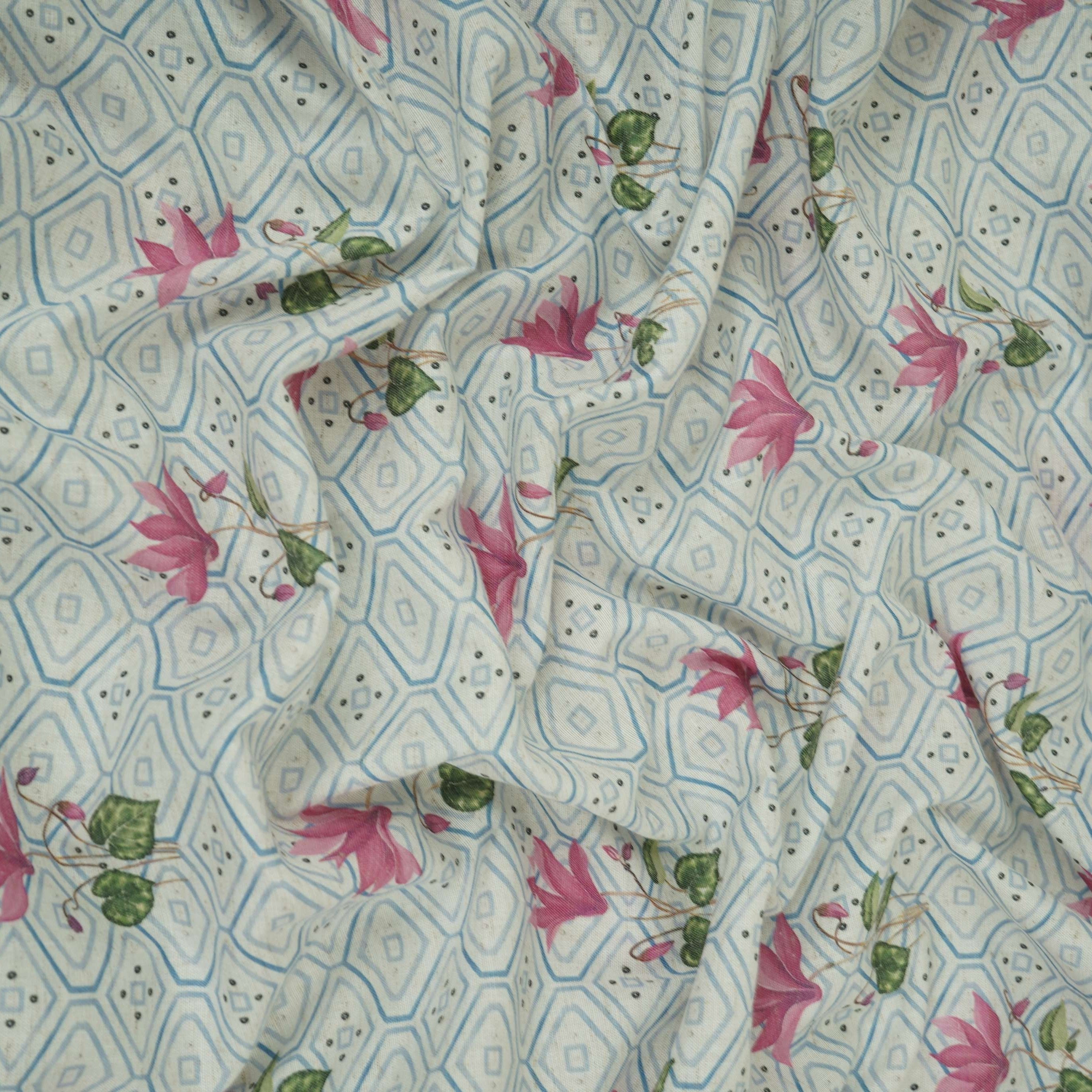 Blue & White Floral Geometrical Print Cotton Fabric DE-32459 - TradeUNO